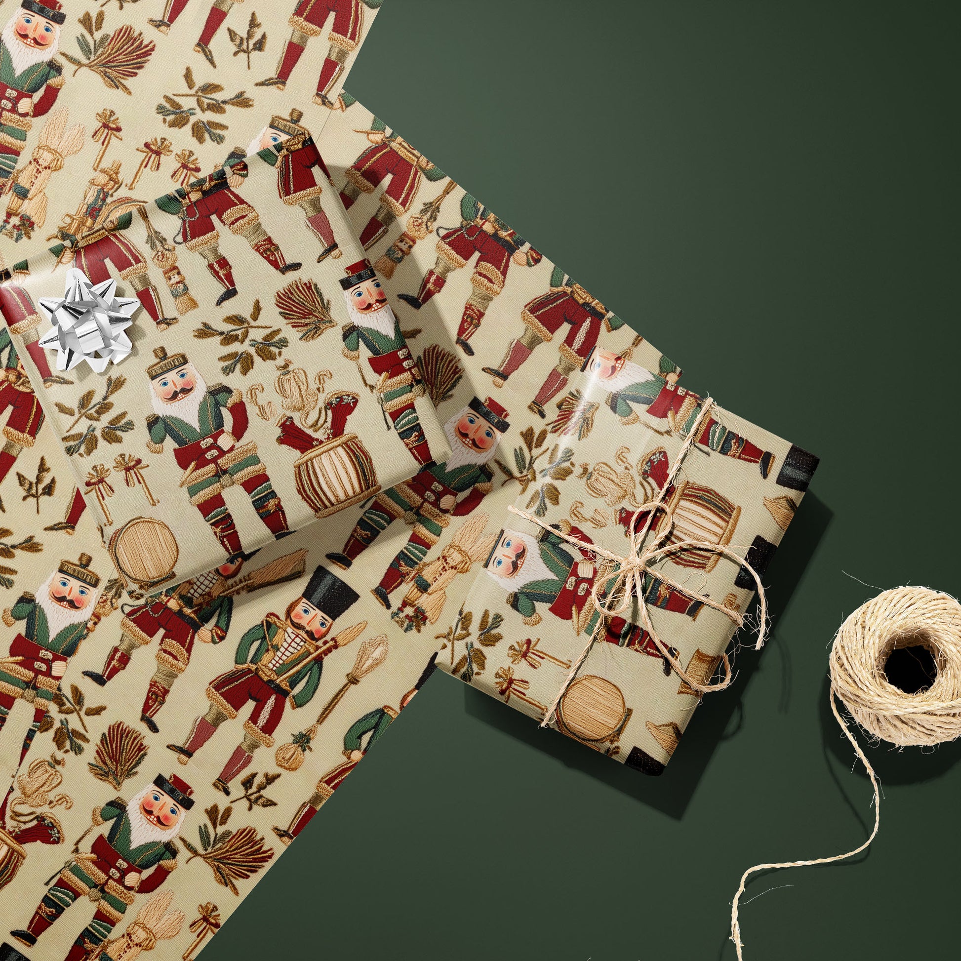 Two gifts in Heritage Nutcrackers—one with a silver bow and one tied with twine—rest on two unused sheets with nutcracker soldiers on cream beside a twine spool on a deep green surface.
