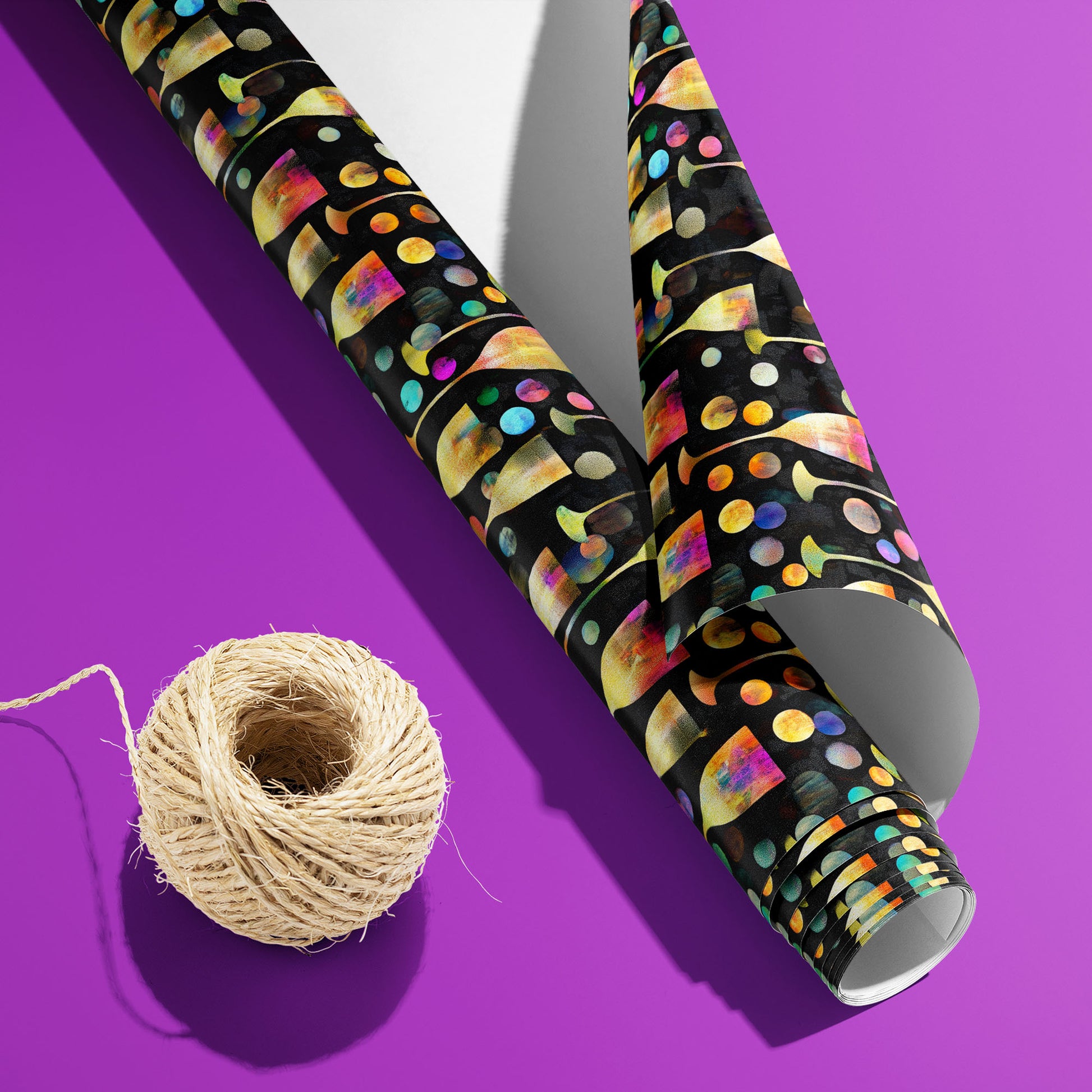 A partially unfurled Radiant Revelry roll with the white underside sits beside a spool of natural twine, showing champagne flutes and colorful bubbles on black over a purple background.