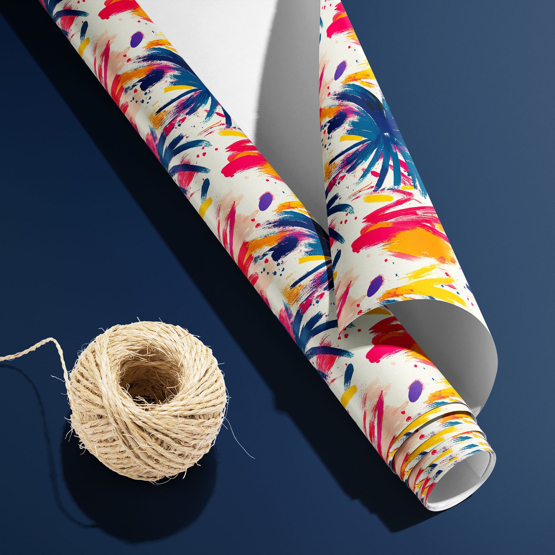 A partially unfurled Artful Fireworks roll with the white underside sits beside a spool of natural twine, showing painterly fireworks and splashes on cream, sitting on a navy blue background.