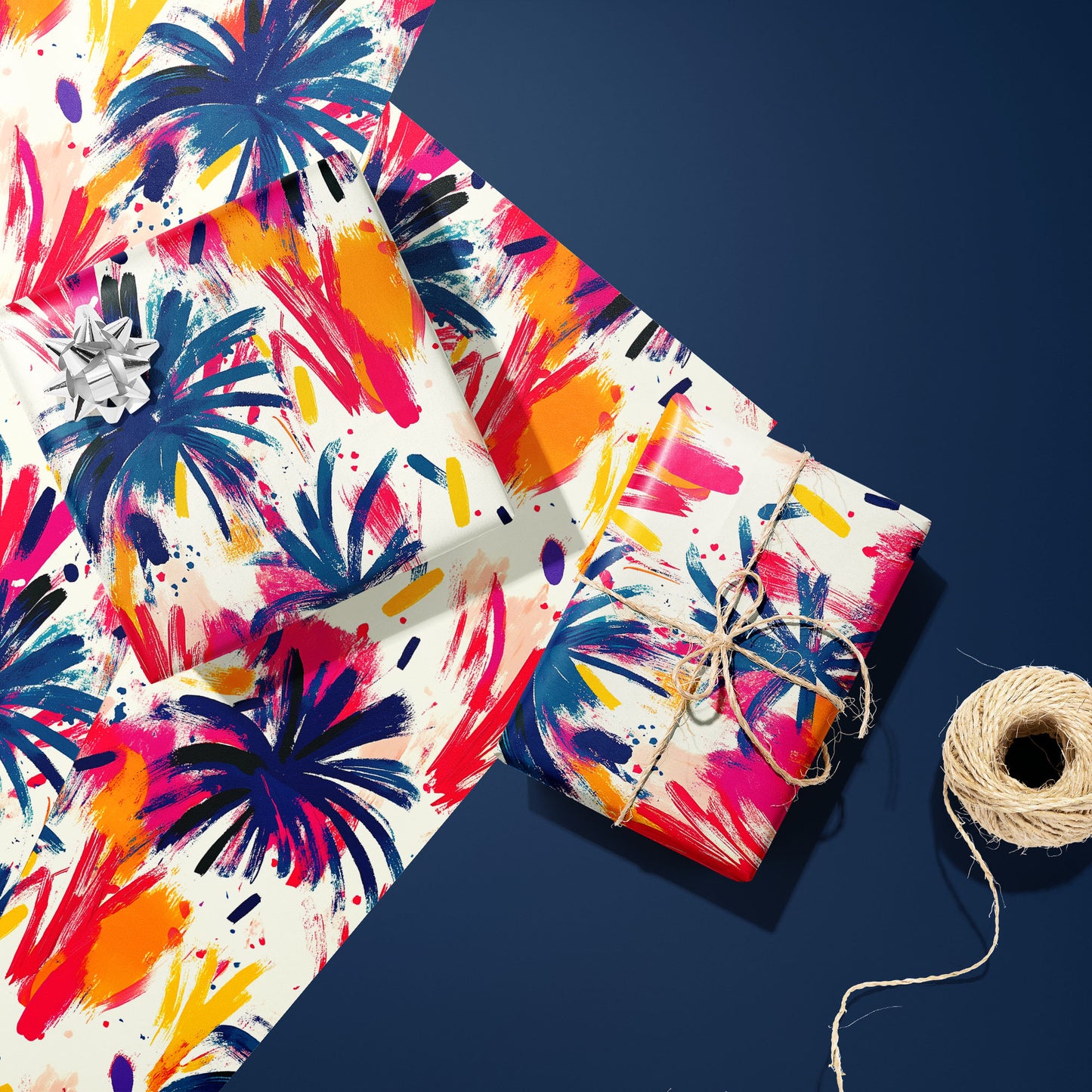 Two gifts in Artful Fireworks paper—one with a silver bow and one tied with twine—rest on unused sheets showing painterly fireworks beside a twine spool on a navy blue surface.