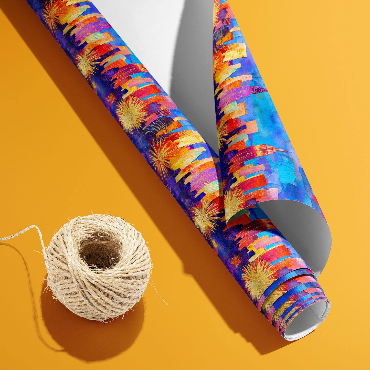 A partially unfurled Electric Cityscape roll with the white underside beside a spool of natural twine shows fireworks and neon skylines on painterly blues and purples over a mustard orange background.