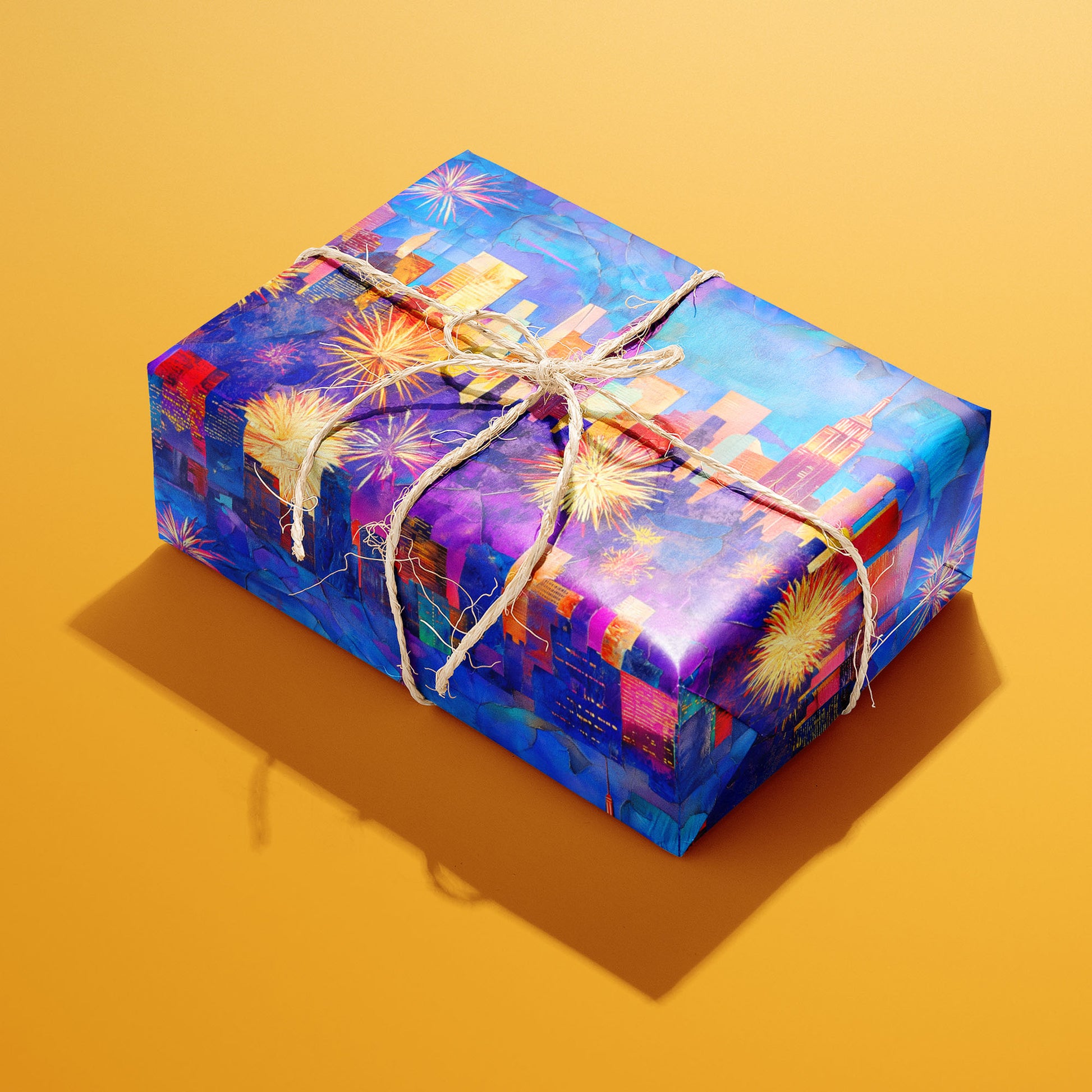 A rectangular gift wrapped in Electric Cityscape paper and tied with natural twine displays neon skyline silhouettes with fireworks on painterly blues and purples against a mustard orange background.