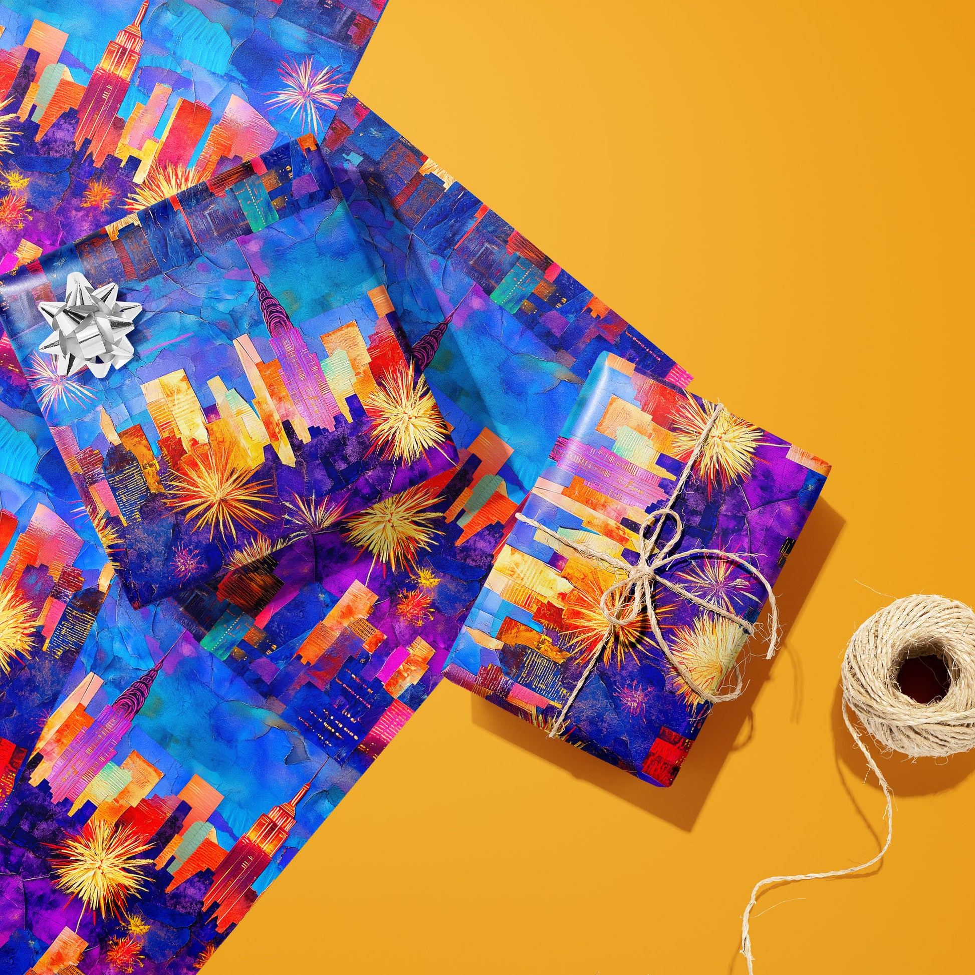 Two gifts in Electric Cityscape paper—one with a silver bow and one tied with twine—rest on unused sheets of neon skyline fireworks print beside twine on a mustard orange background.