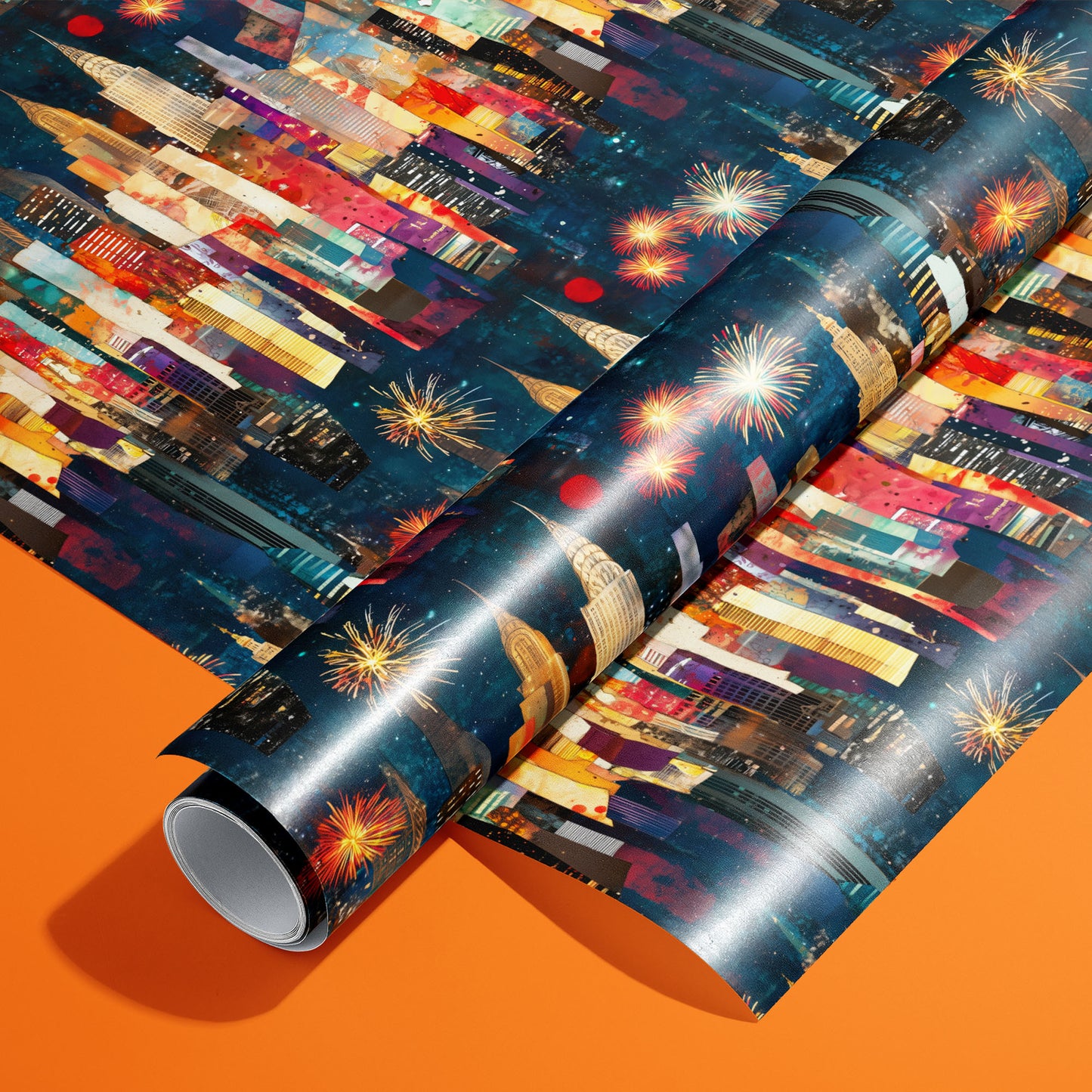 A roll of Skyline Splendor rests on an unrolled sheet, showing a collage of city skylines and fireworks on a starry navy ground, styled on a bright orange surface.
