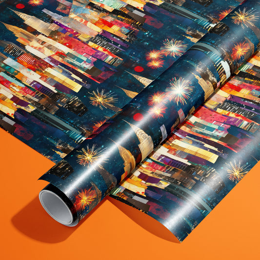 A roll of Skyline Splendor rests on an unrolled sheet, showing a collage of city skylines and fireworks on a starry navy ground, styled on a bright orange surface.
