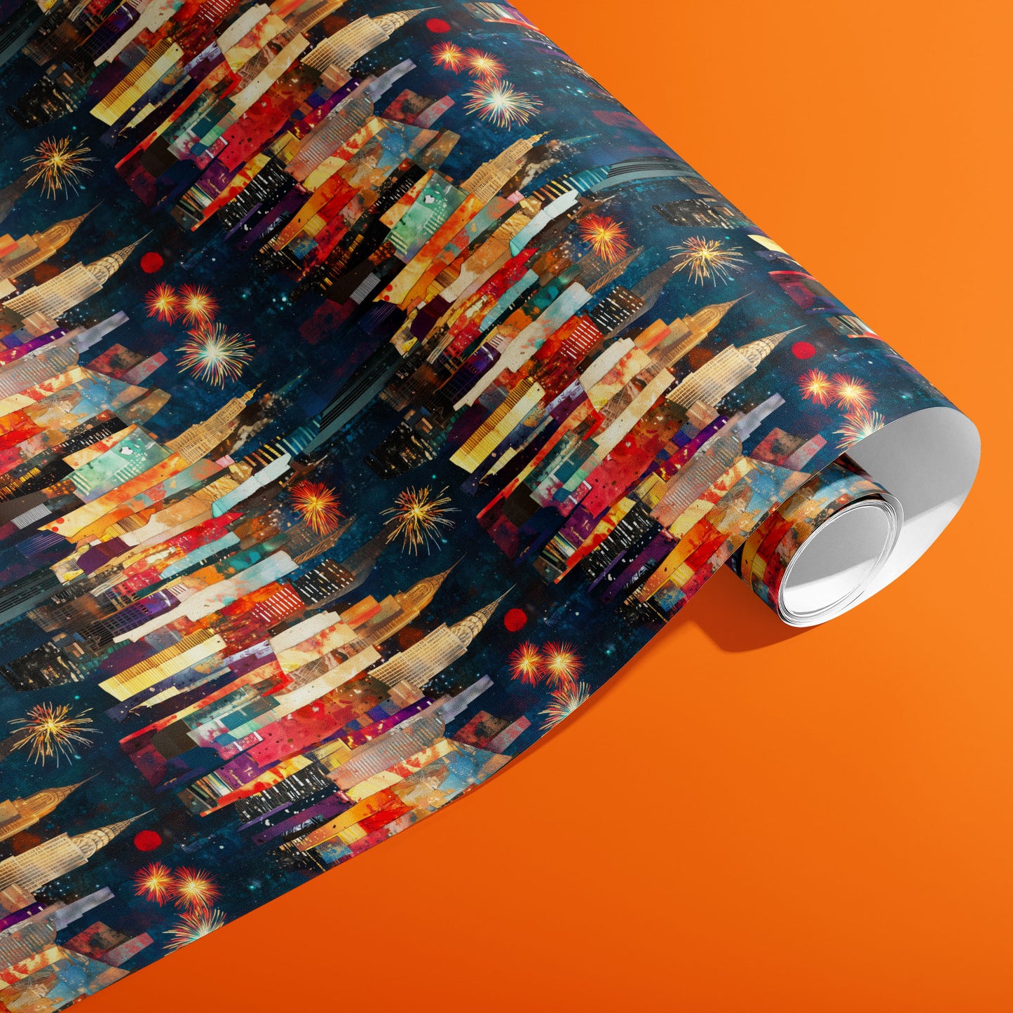 A partially unfurled roll of Skyline Splendor displays layered skyscrapers and bursting fireworks on a deep night-sky ground against a bright orange background.