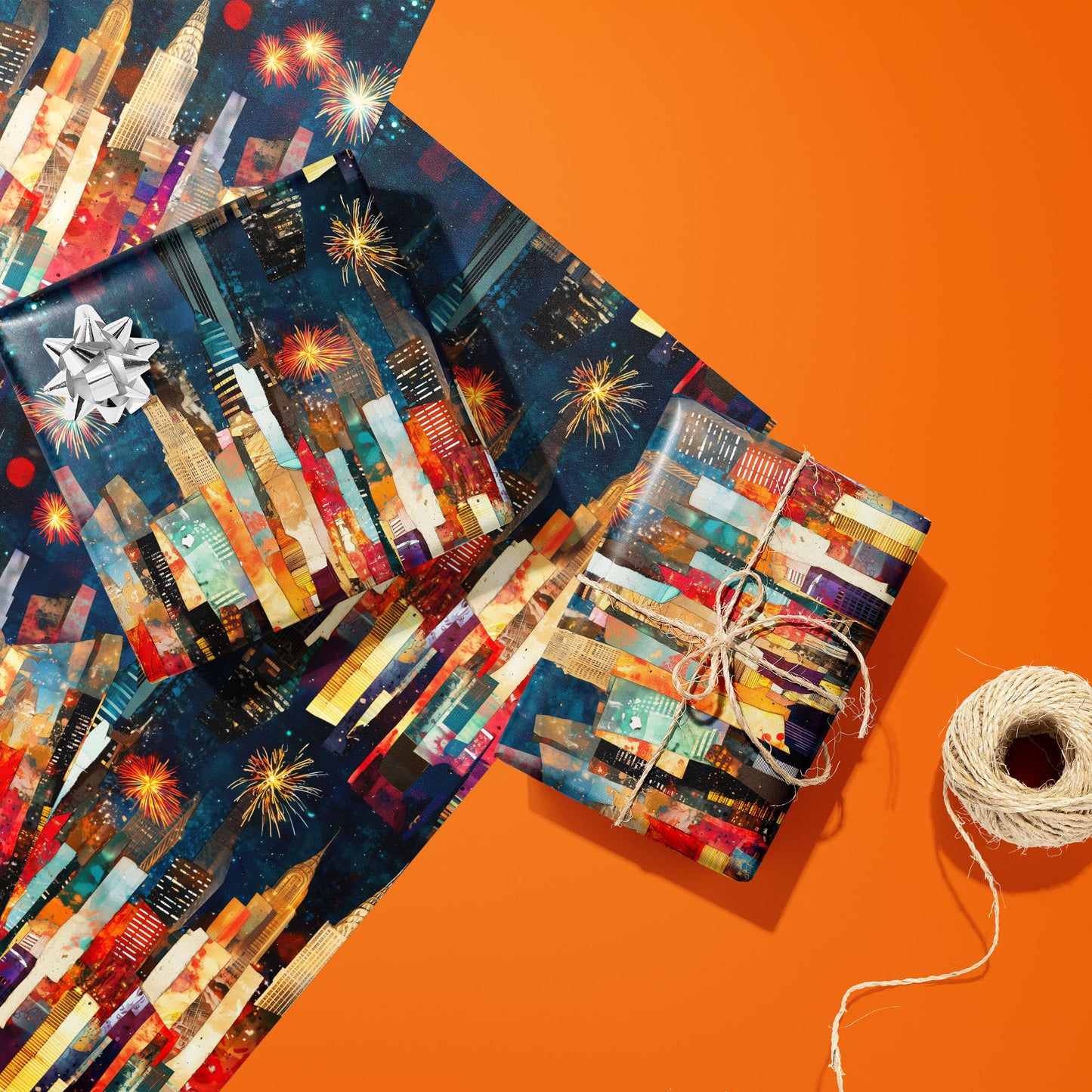 Two Skyline Splendor gifts—one with a silver bow and one tied with twine—rest on two unused sheets beside a twine spool on a bright orange surface, showing fireworks and city skylines.