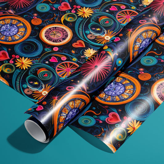 A roll on an unrolled sheet of Quilled Clockwork wrapping paper with quilled swirls, clock faces, hearts, and daisies in neon hues on deep navy, set on a teal background.