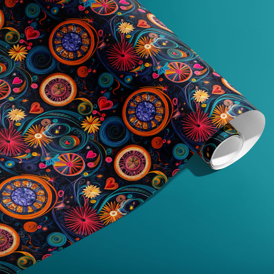 A partially unfurled roll of Quilled Clockwork wrap showing vivid quilled spirals and jeweled clock faces across a dark ground on a teal background.
