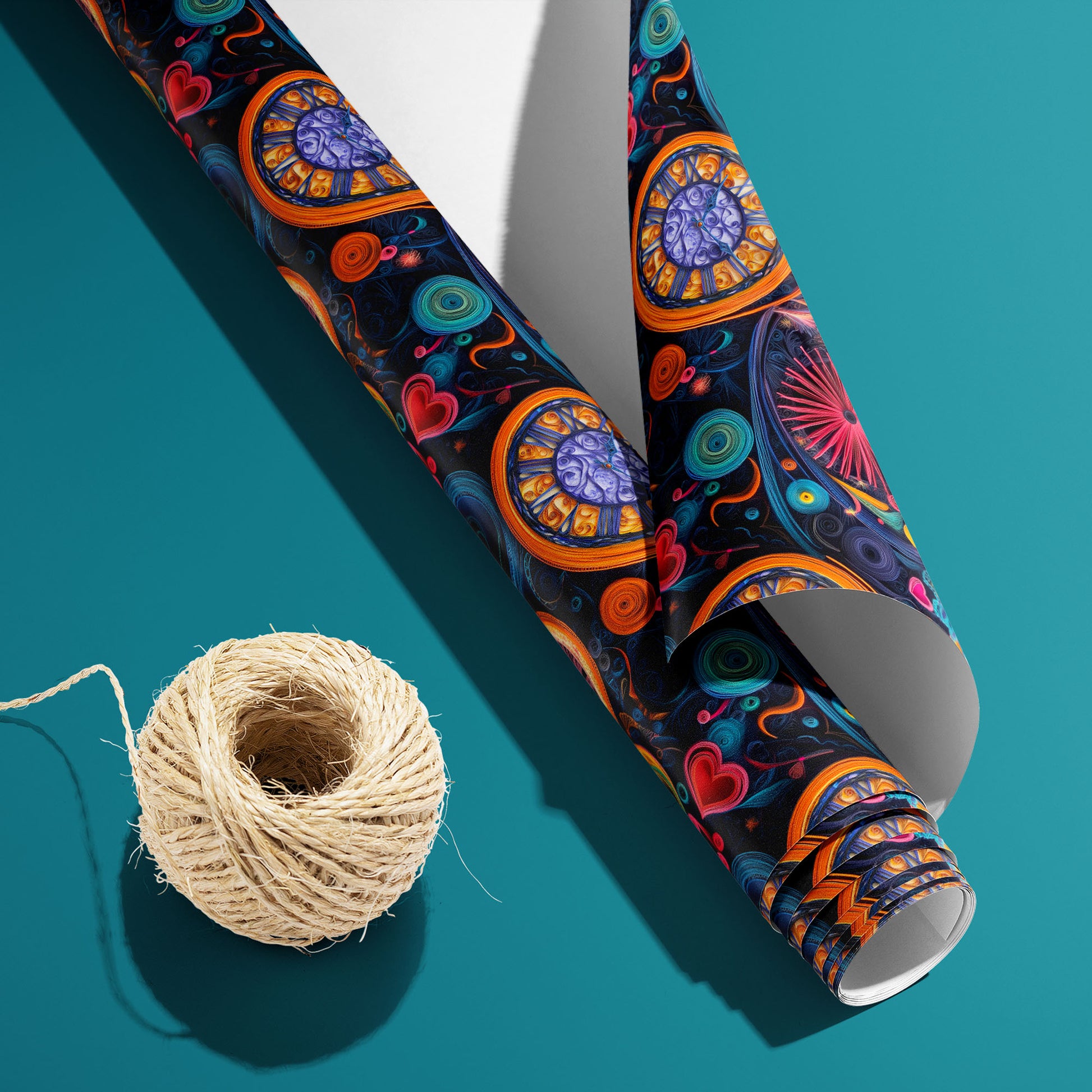 A partially unfurled Quilled Clockwork roll with the white underside visible beside a spool of natural twine, featuring quilled clocks and swirls on a teal surface.