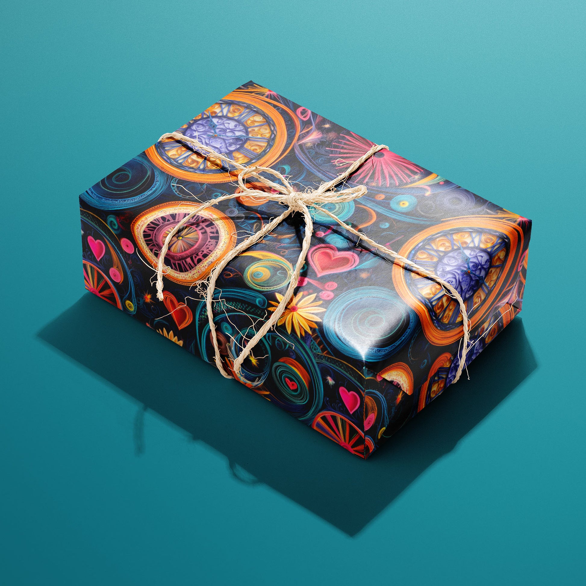 A single rectangular gift wrapped in Quilled Clockwork—quilled spirals, hearts, and ornate clock faces—tied with natural twine on a teal background.