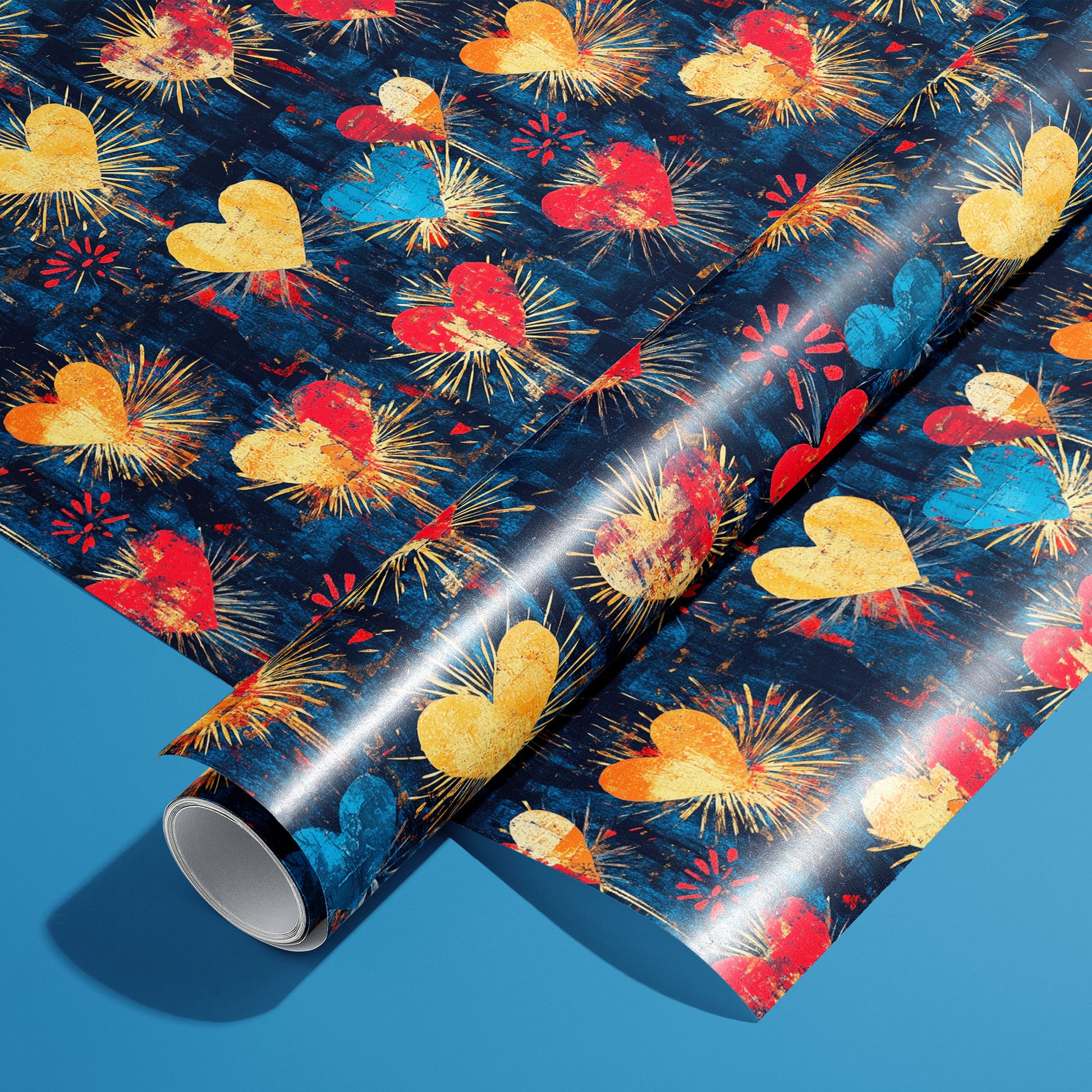 A roll of Radiant Hearts rests on an unrolled sheet, showing painterly red, gold, and blue hearts with firework-like rays on deep navy, styled on a bright blue surface.