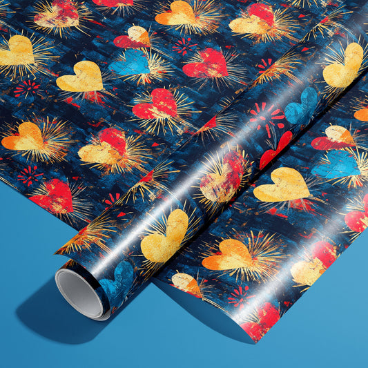 A roll of Radiant Hearts rests on an unrolled sheet, showing painterly red, gold, and blue hearts with firework-like rays on deep navy, styled on a bright blue surface.