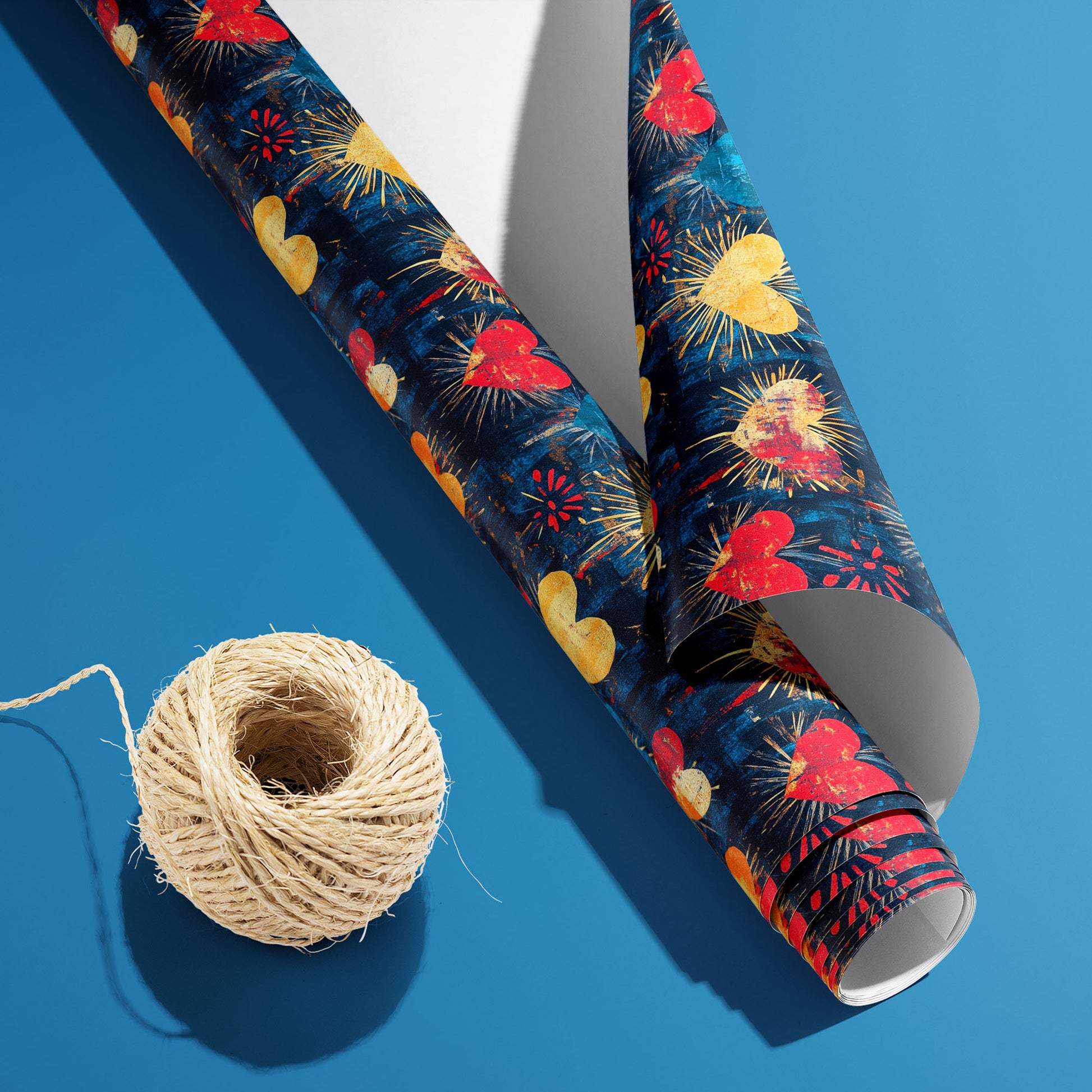 A partially unfurled roll of Radiant Hearts, white underside visible beside a spool of natural twine, shows radiant hearts on deep navy over a bright blue surface.