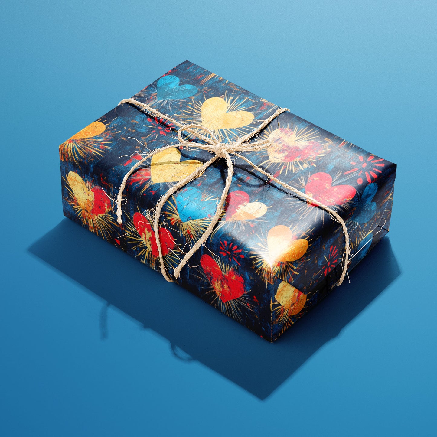 A single rectangular gift wrapped in Radiant Hearts and tied with natural twine highlights radiant, painterly hearts on a deep navy ground against a bright blue backdrop.