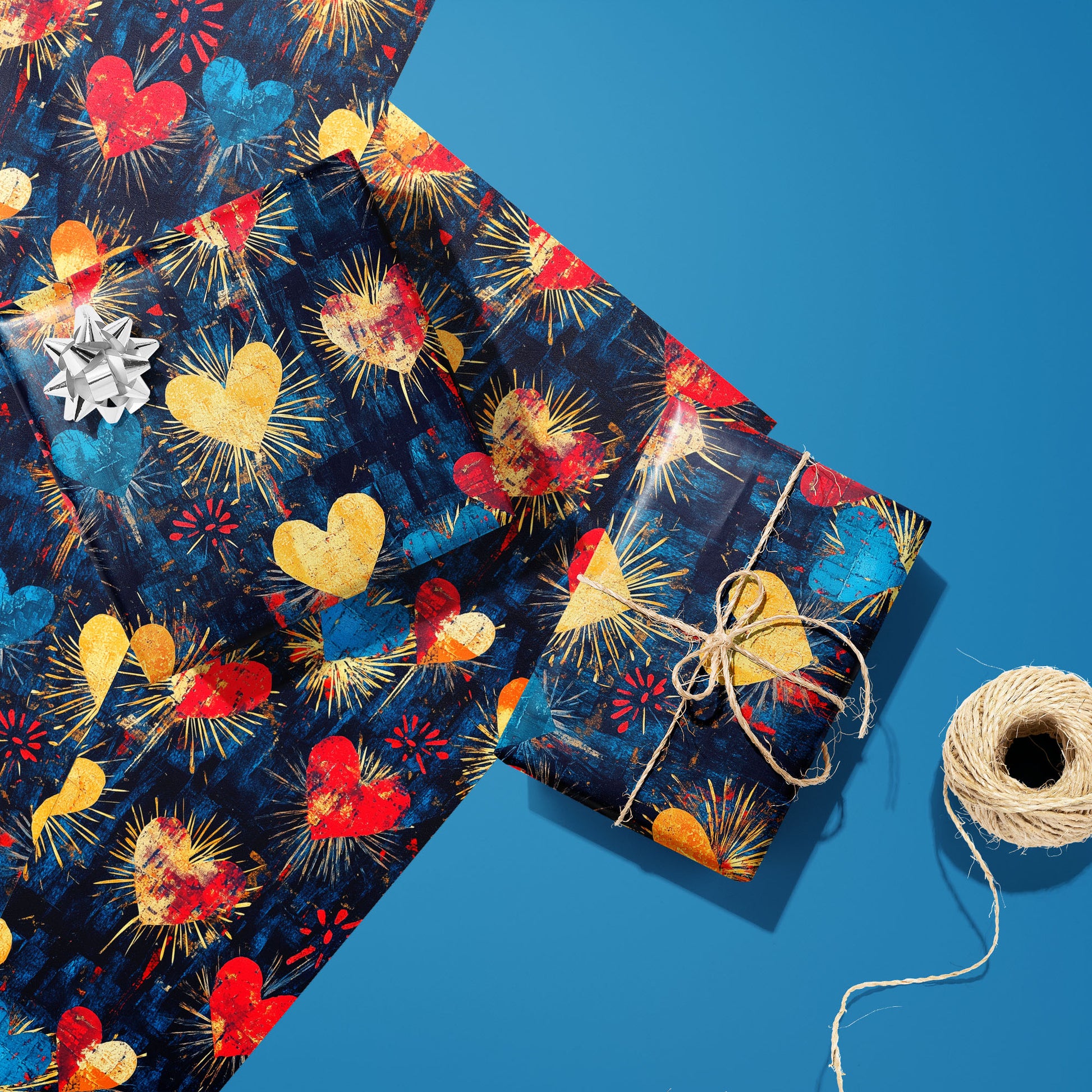 Two Radiant Hearts gifts—one with a silver bow and one tied with twine—rest on two unused sheets beside a twine spool on a bright blue surface, showing radiant hearts on navy.