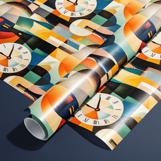 A roll of Nouveau Countdown rests on a matching unrolled sheet, featuring Art Deco clock faces, champagne bottles and flutes, and bold geometric arches on a navy surface.
