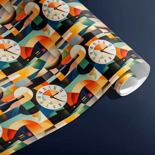 A partially unfurled roll of Nouveau Countdown shows Roman-numeral clocks, champagne motifs, and layered geometric shapes against a navy backdrop.