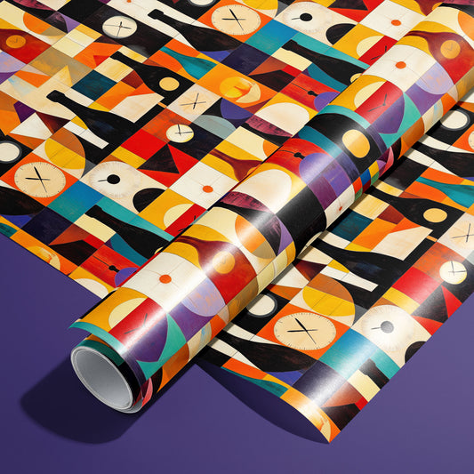 A roll of Geometric Cheer paper on a matching unrolled sheet shows mid-century geometric blocks with champagne bottles and clock faces in vivid jewel tones on a purple background.
