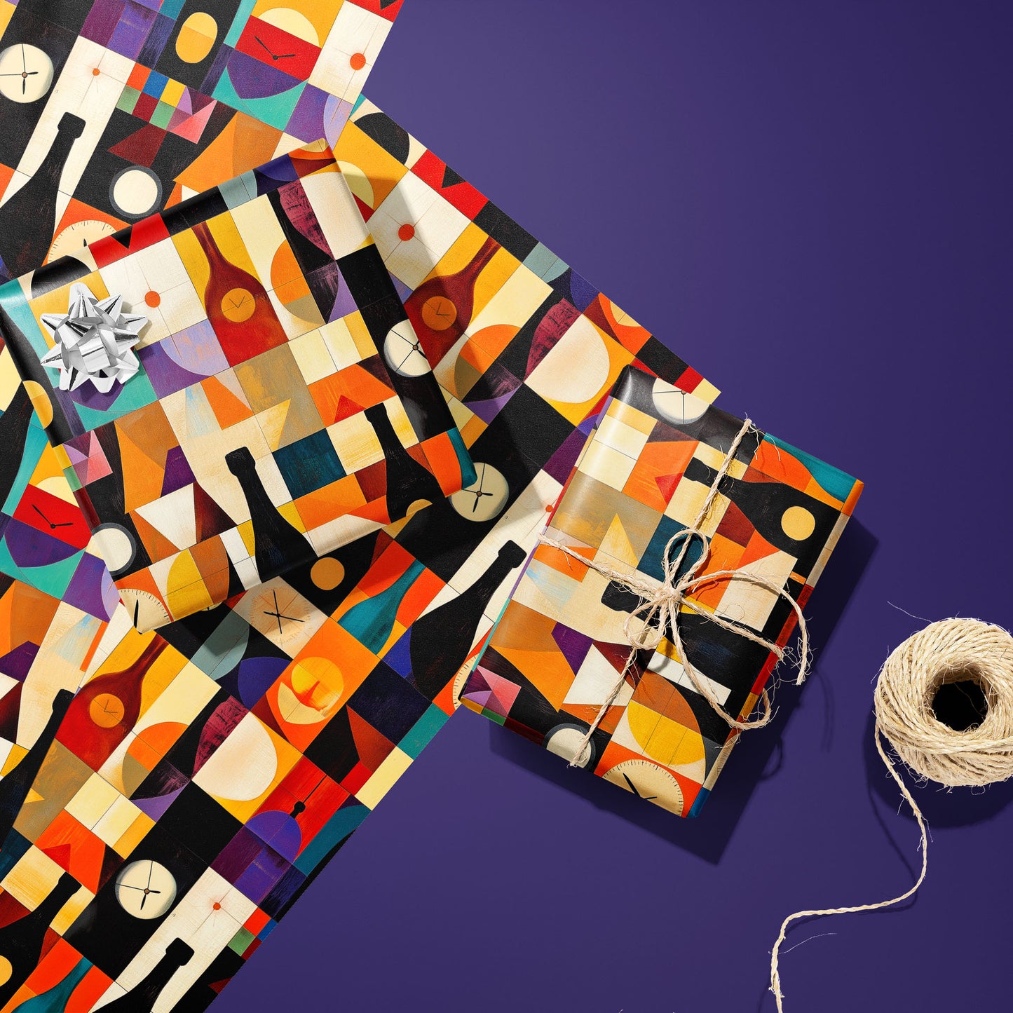 Two gifts in Geometric Cheer—one with a silver bow and one tied with twine—rest on unused sheets of the geometric bottles-and-clocks print beside twine on a purple background.