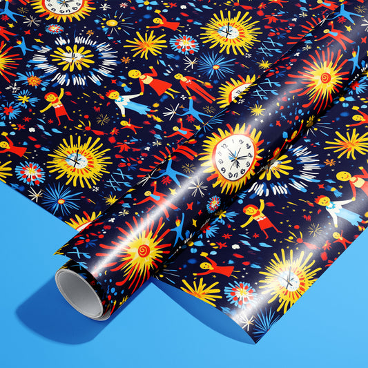 A roll of Midnight Merriment rests on a matching unrolled sheet, featuring fireworks, sunburst clocks, and dancing figures on a navy ground atop a bright sky-blue surface.