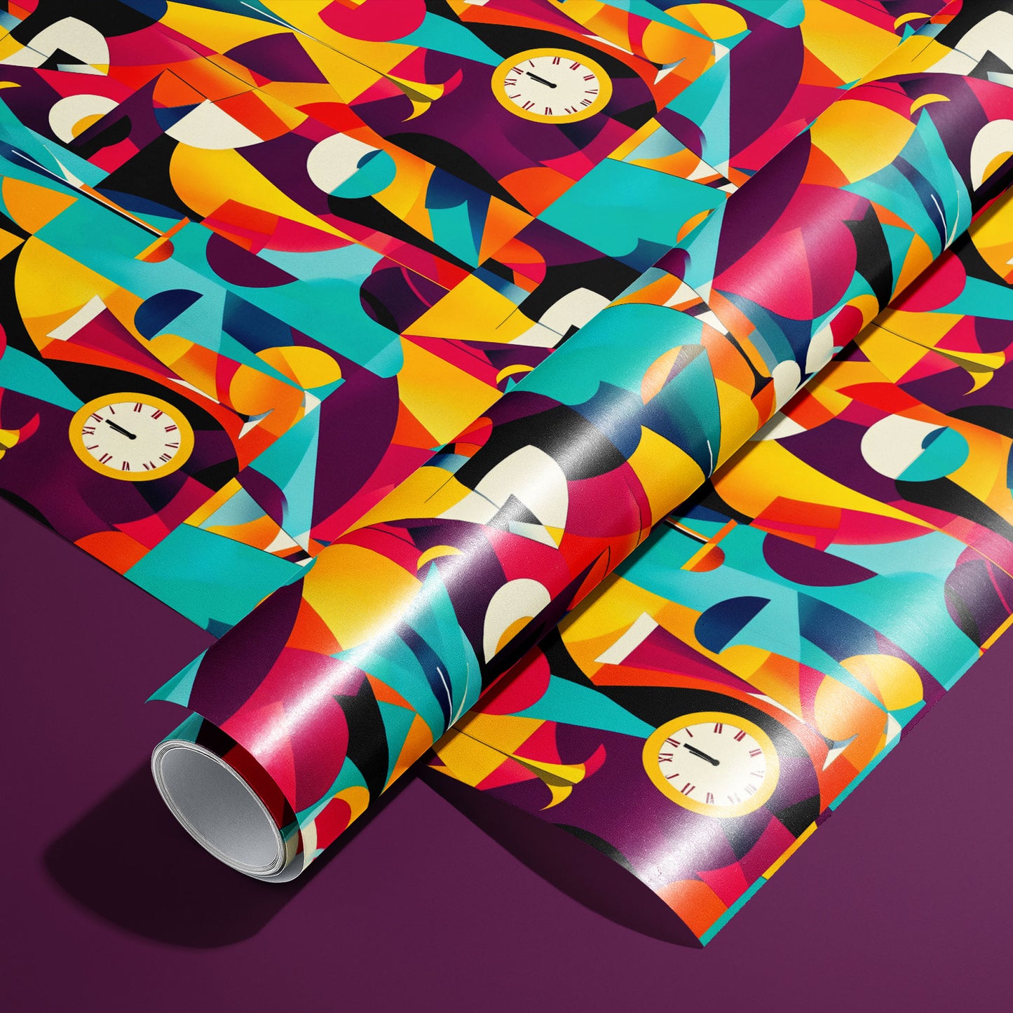 A roll of Abstract Affair rests on an unrolled sheet, showing bold mid-century geometric shapes and clock faces in teal, magenta, yellow, and black, styled on a deep plum surface.