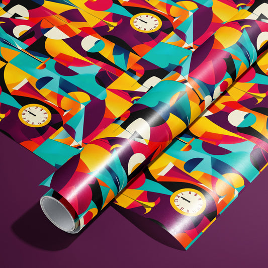 A roll of Abstract Affair rests on an unrolled sheet, showing bold mid-century geometric shapes and clock faces in teal, magenta, yellow, and black, styled on a deep plum surface.