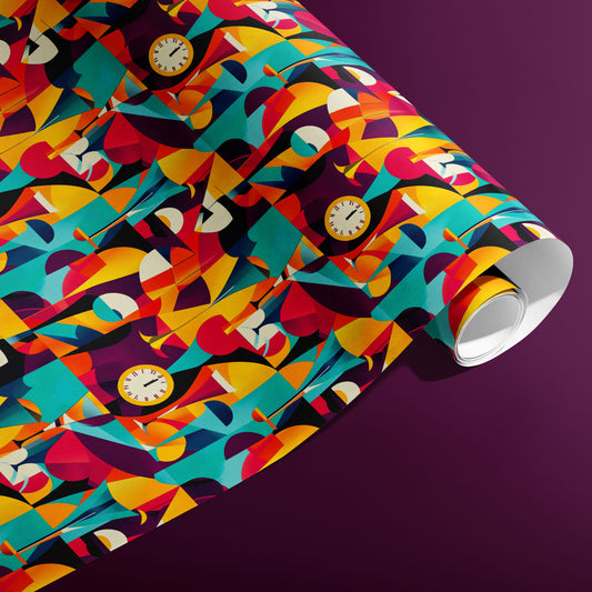 A partially unfurled roll of Abstract Affair displays layered abstract arcs, triangles, and clocks in vivid jewel tones against a deep plum background.