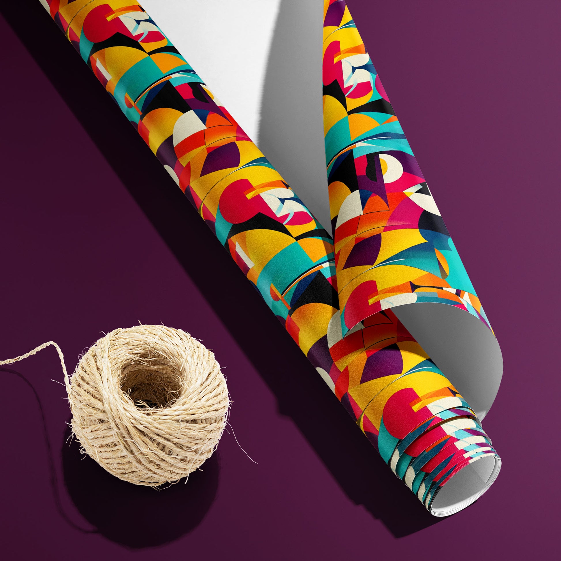A partially unfurled roll of Abstract Affair, white underside visible beside a spool of natural twine, shows colorful geometric collage with clock motifs on a deep plum surface.