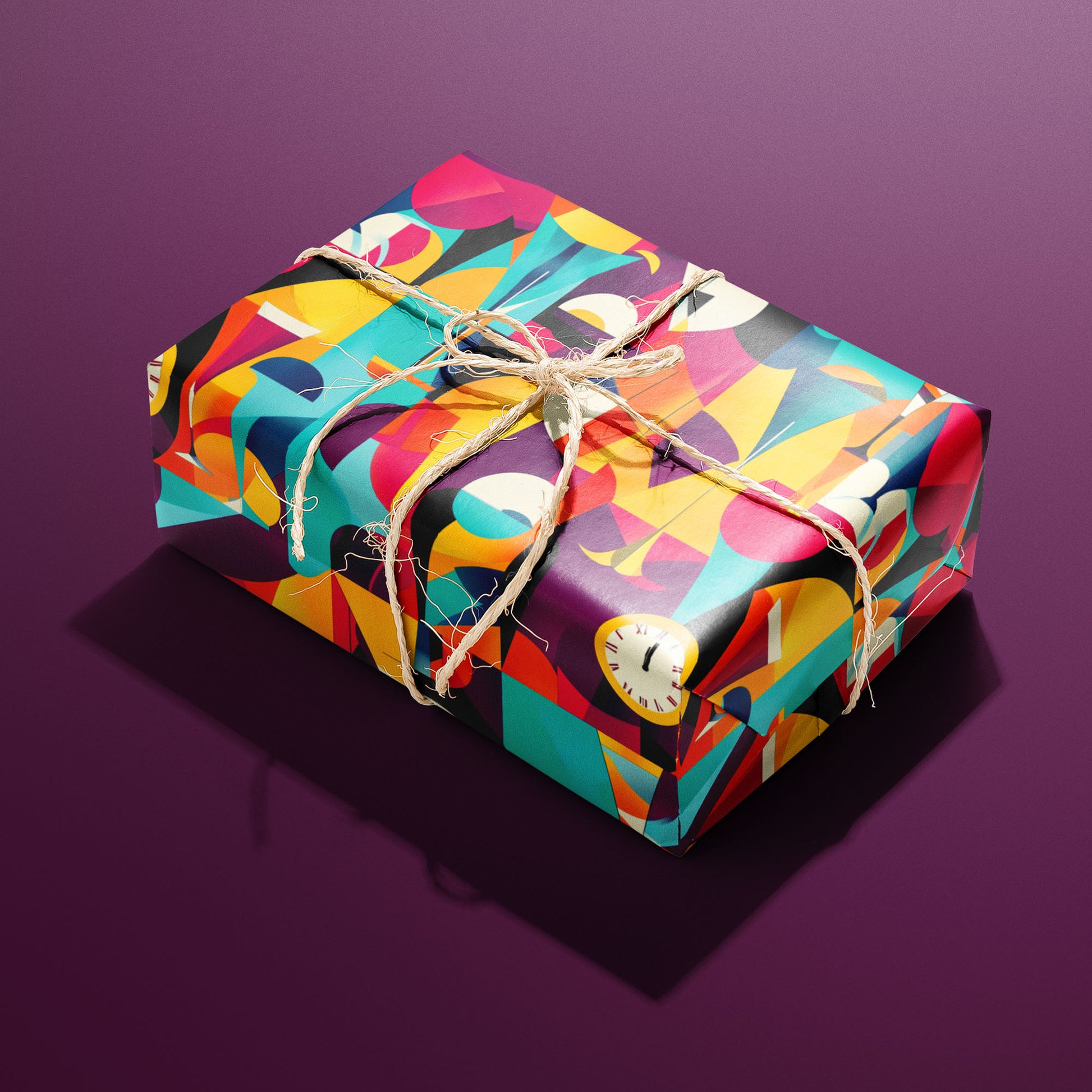 A single rectangular gift wrapped in Abstract Affair and tied with natural twine highlights vibrant geometric shapes and small clock faces on a deep plum backdrop.