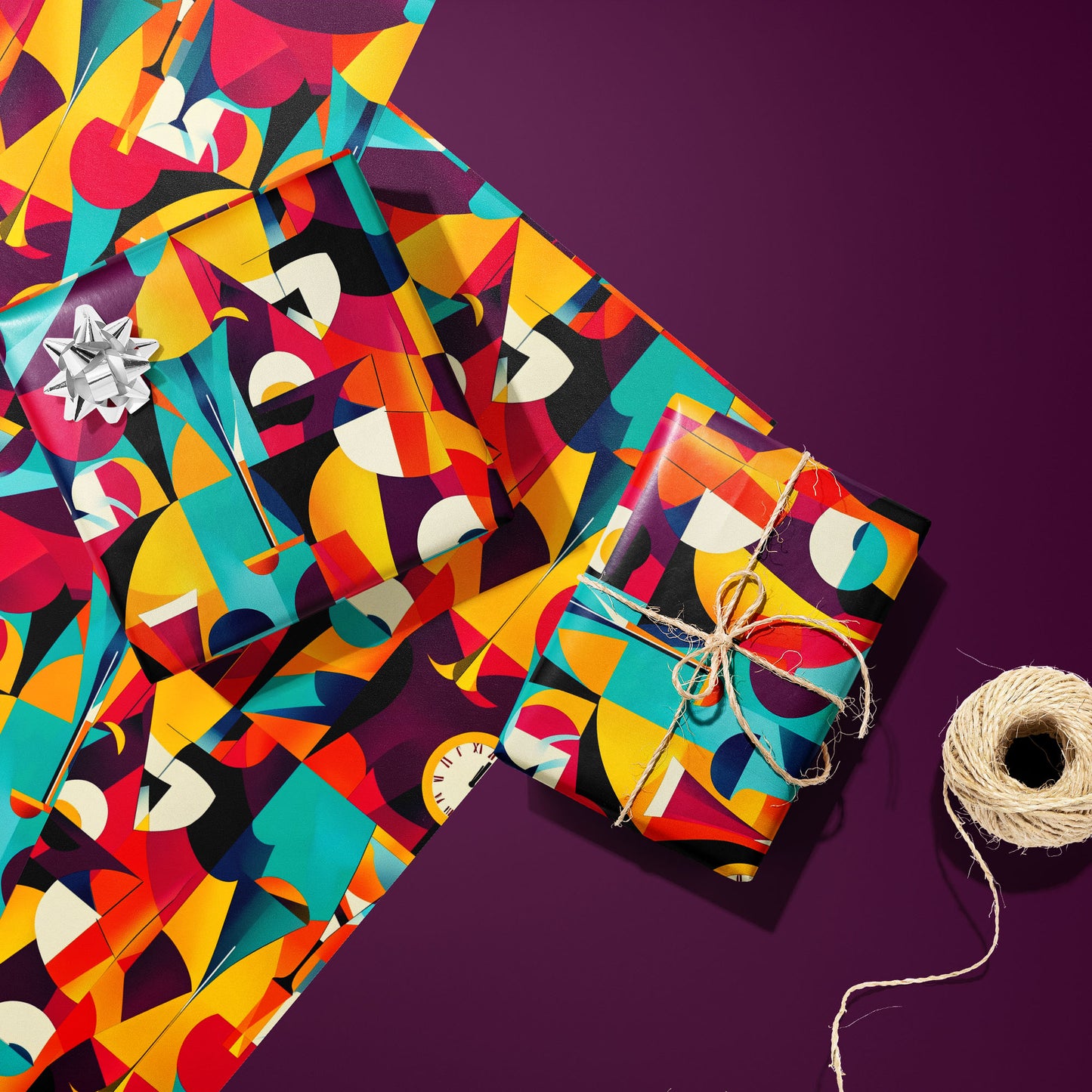 Two Abstract Affair gifts—one with a silver bow and one tied with twine—rest on two unused sheets beside a twine spool on a deep plum surface, showing colorful geometric clocks.