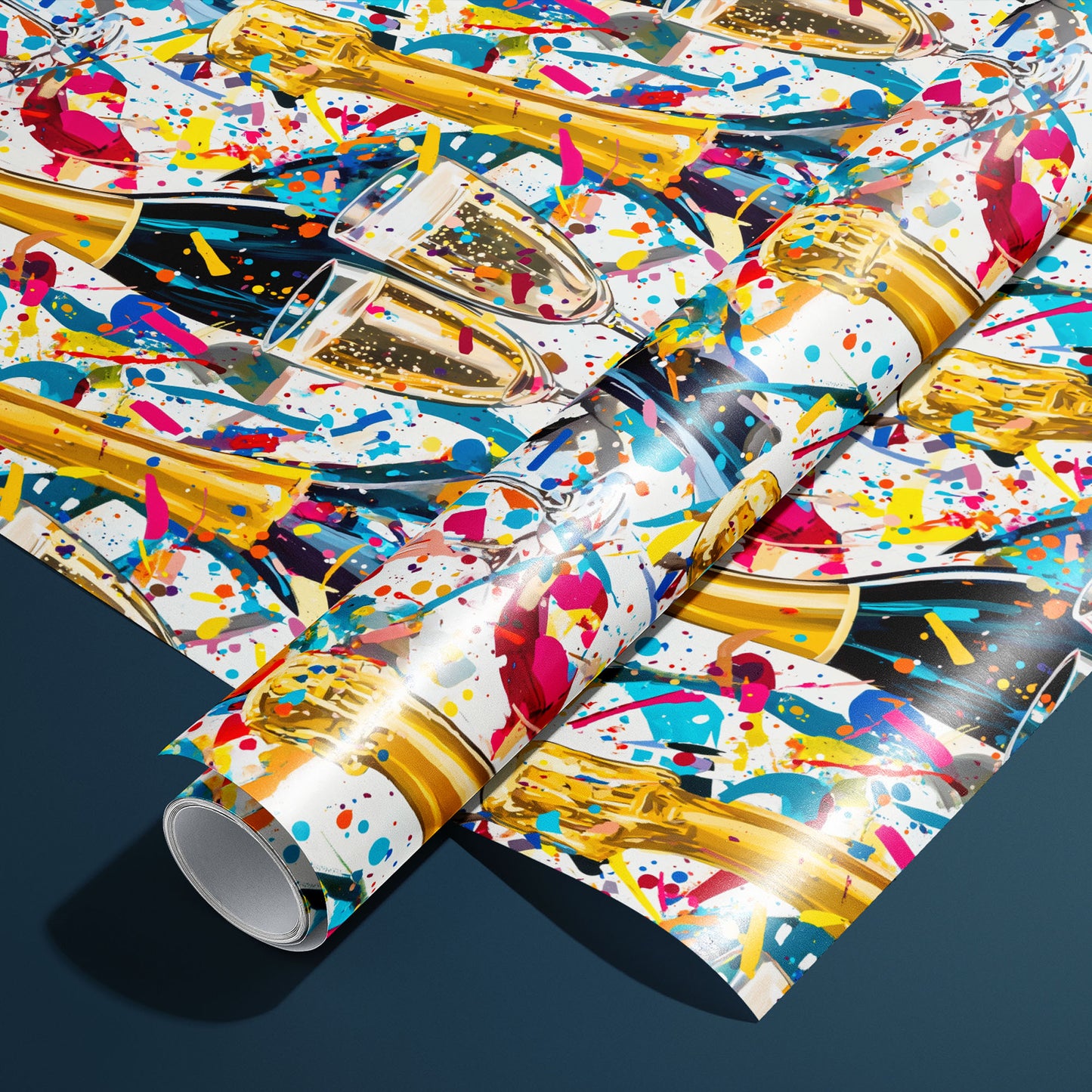 A roll of Glitter & Fizz paper on a matching unrolled sheet shows black and gold champagne bottles, fizzy bubbling flutes, and sparkling confetti on white, resting on a charcoal gray background.