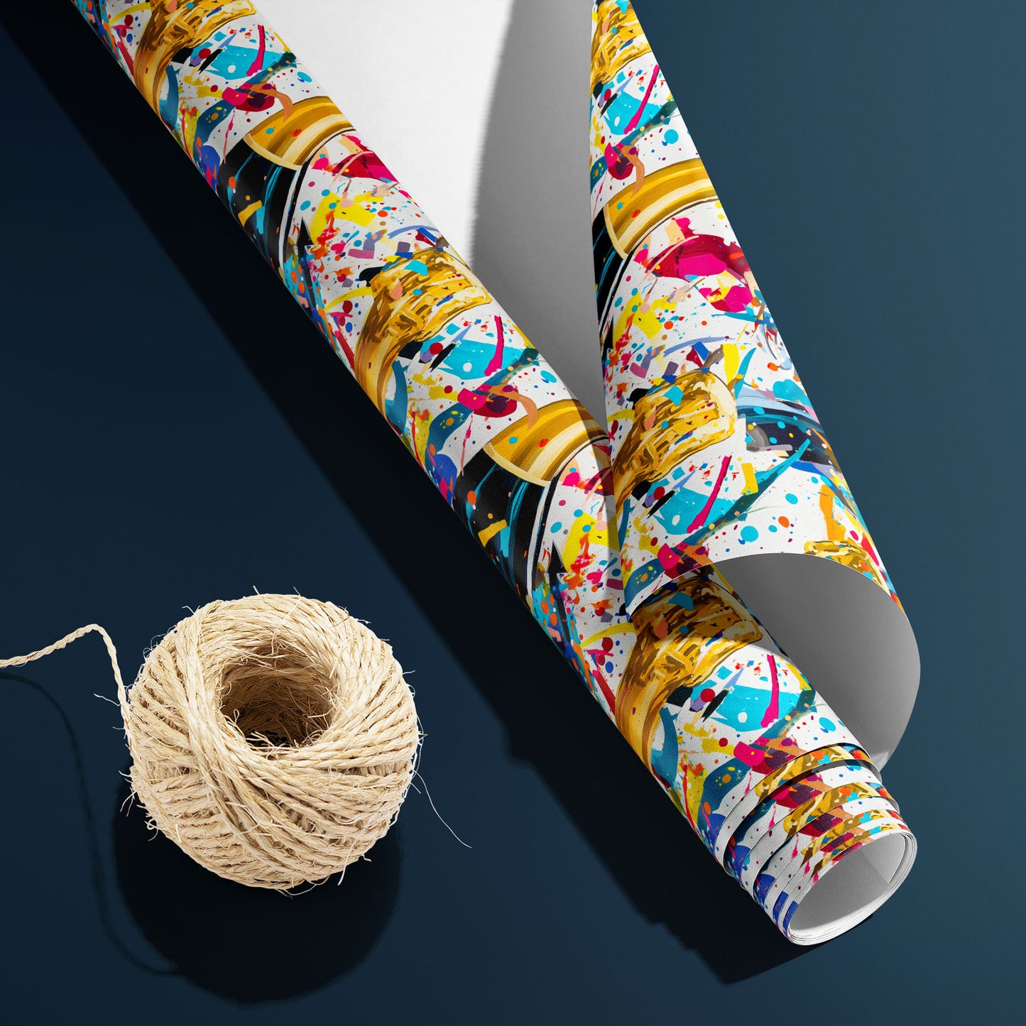 A partially unfurled Glitter & Fizz roll with white underside sits beside a spool of natural twine, showing champagne bottles and bubbly flutes and confetti, on a charcoal gray surface.