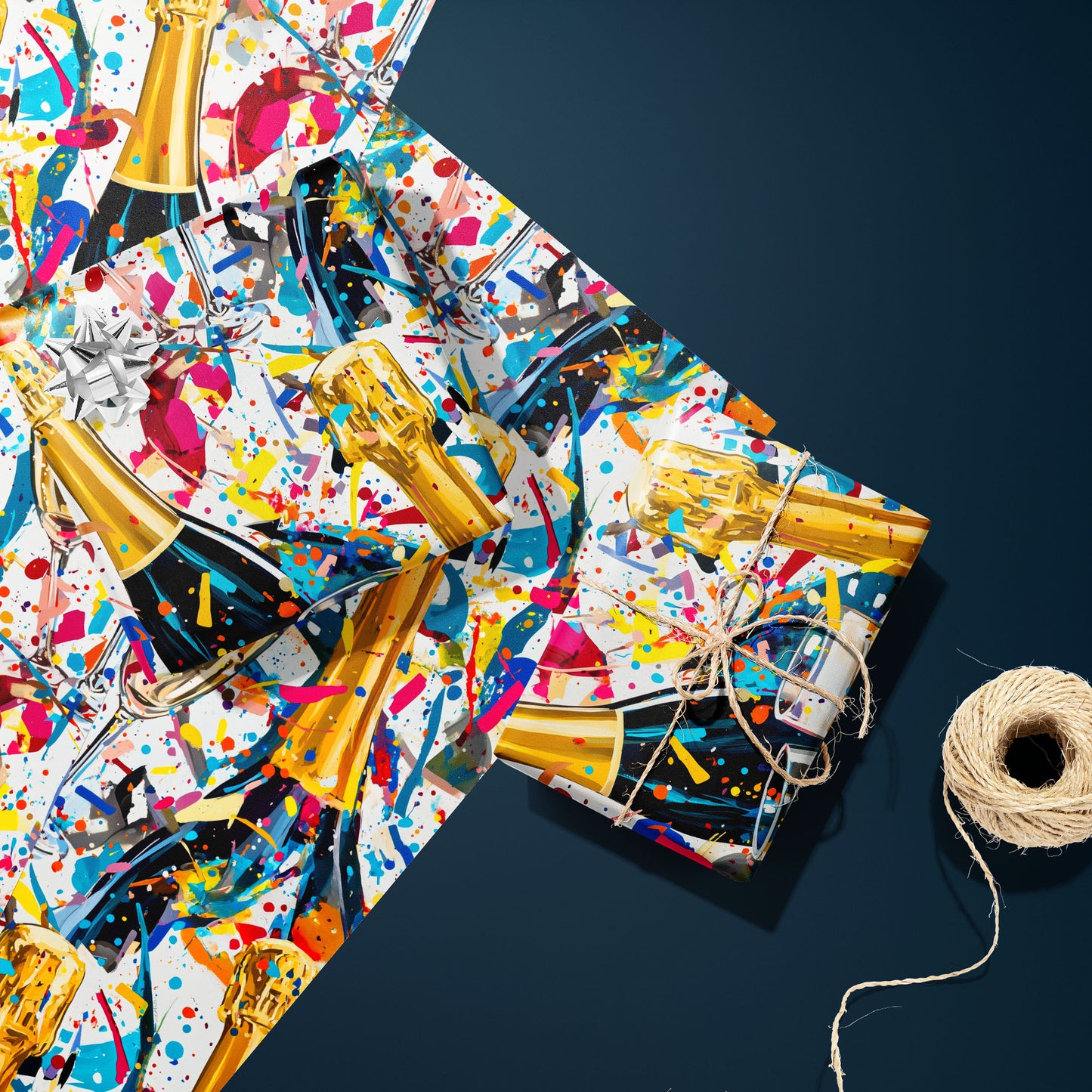 Two gifts in Glitter & Fizz wrapping paper—one with a silver bow and one tied with twine—rest on unused sheets of the champagne-and-confetti print beside twine on a charcoal gray background.