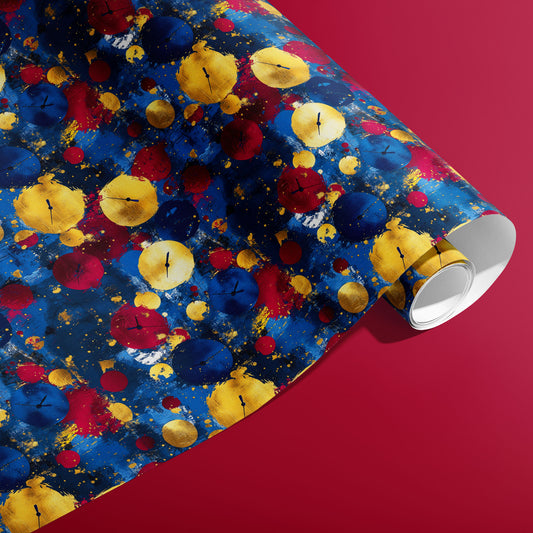 A partially unfurled roll of Time to Shine wrapping paper showing abstract gold, red, and blue clock discs and paint splashes on a cranberry-red background.