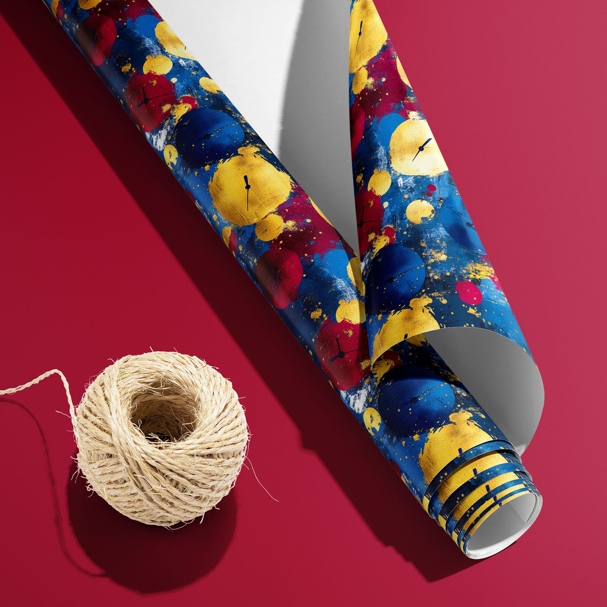 A partially unfurled Time to Shine roll with the white underside visible beside a spool of natural twine, featuring gold, red, and blue clock motifs on a cranberry-red background.