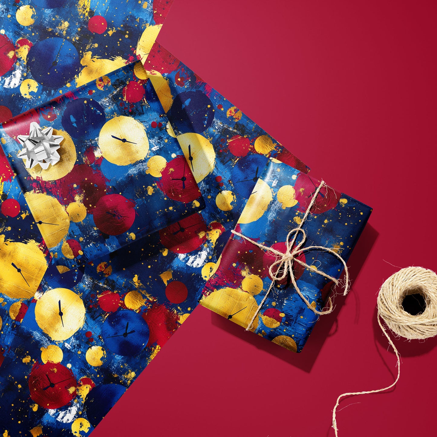 Two gifts in Time to Shine wrap—one with a silver bow, one tied with twine—rest on two unused sheets beside a spool of twine on a cranberry-red background.