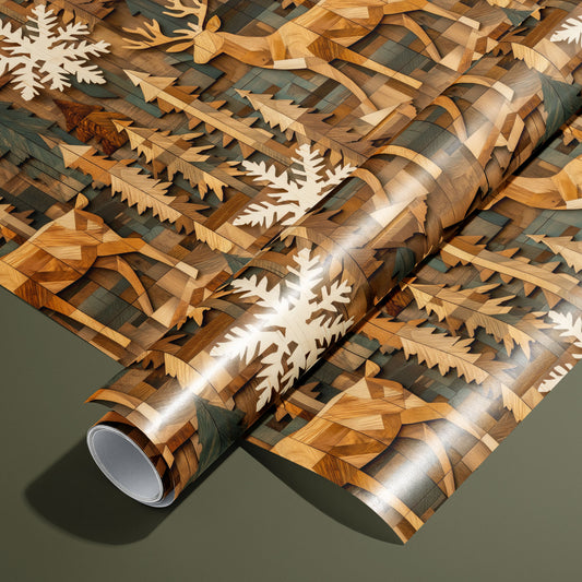 A roll of Timber Tapestry rests on an unrolled sheet, featuring wood-inlay style reindeer, evergreens, and cream snowflakes on rich wood tones, set on an olive green surface.