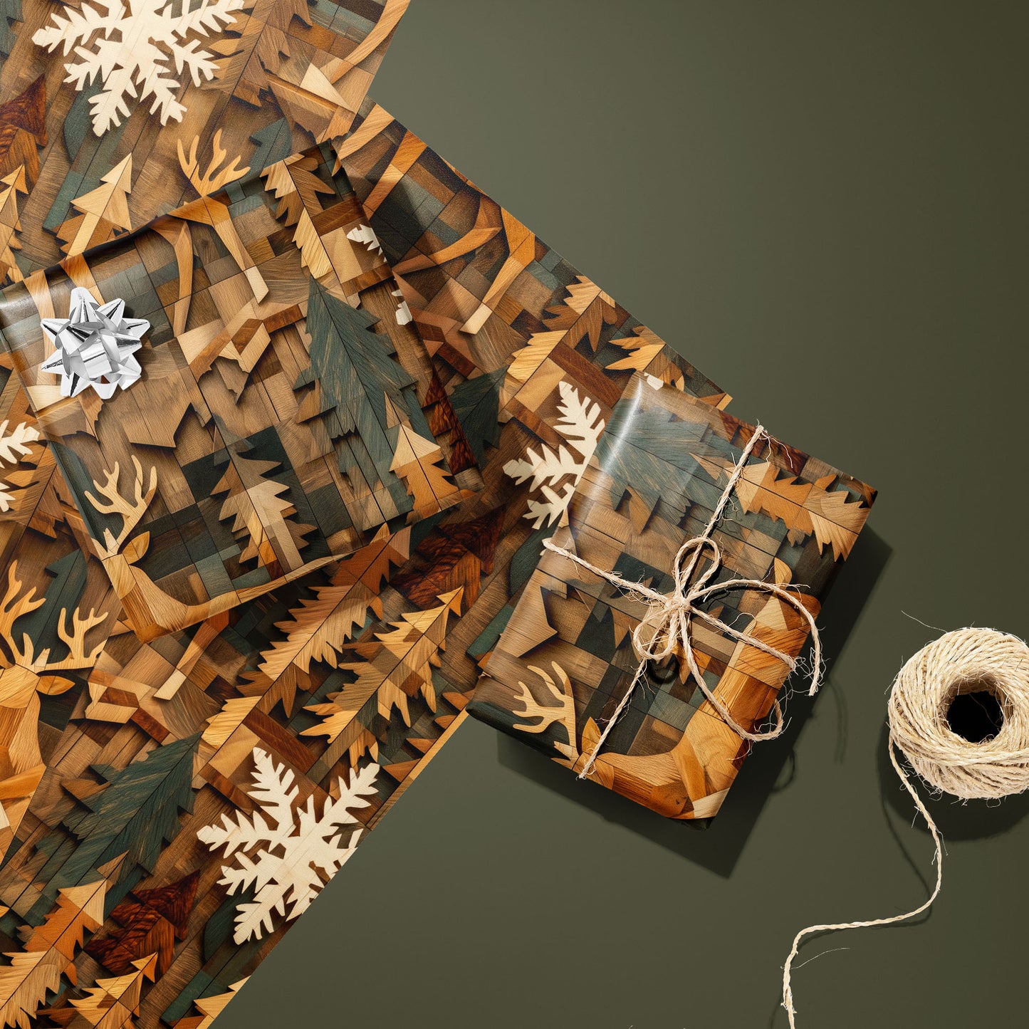 Two gifts in Timber Tapestry—one with a silver bow and one tied with twine—rest on two unused sheets beside a twine spool on an olive green surface, showing deer, pines, and snowflakes.