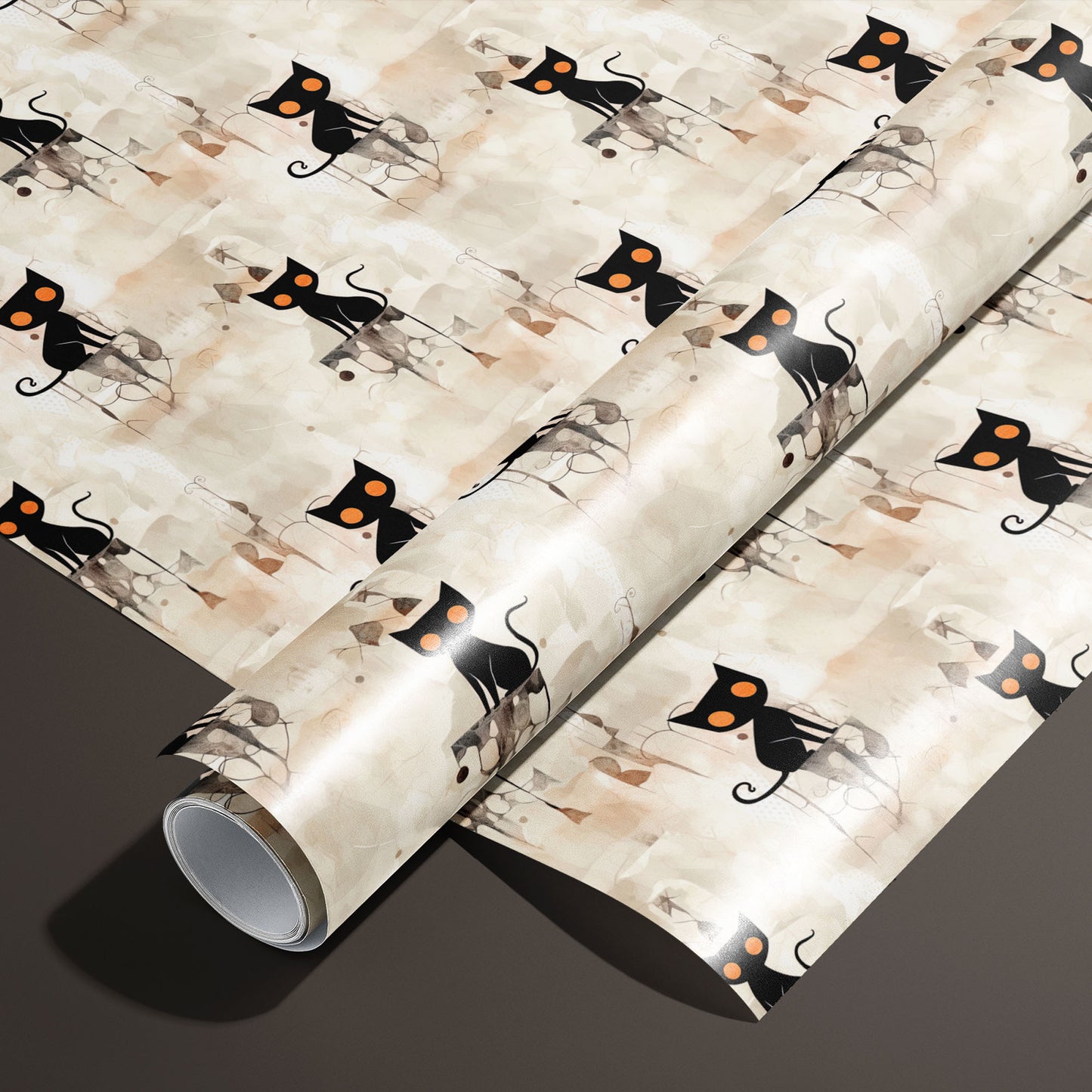 A roll of Contemporary Black Cats paper on a matching unrolled sheet shows sleek black cats with bright orange eyes over a neutral watercolor collage, photographed on a deep espresso background.