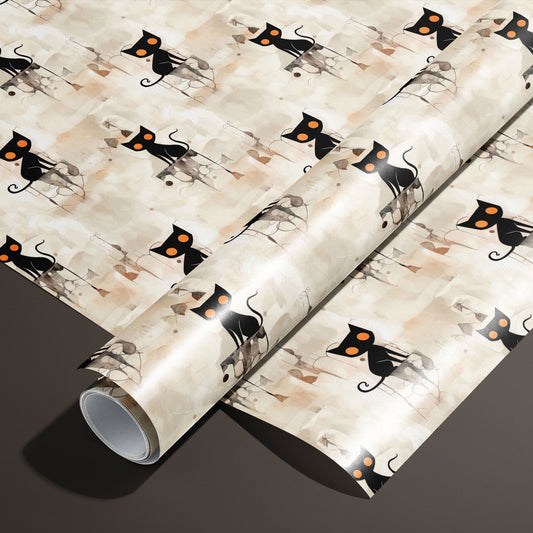 A roll of Contemporary Black Cats paper on a matching unrolled sheet shows sleek black cats with bright orange eyes over a neutral watercolor collage, photographed on a deep espresso background.