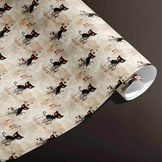 A partially unfurled roll of Contemporary Black Cats wrapping paper reveals stylized black cats with orange eyes atop a beige watercolor wash on a deep espresso background.