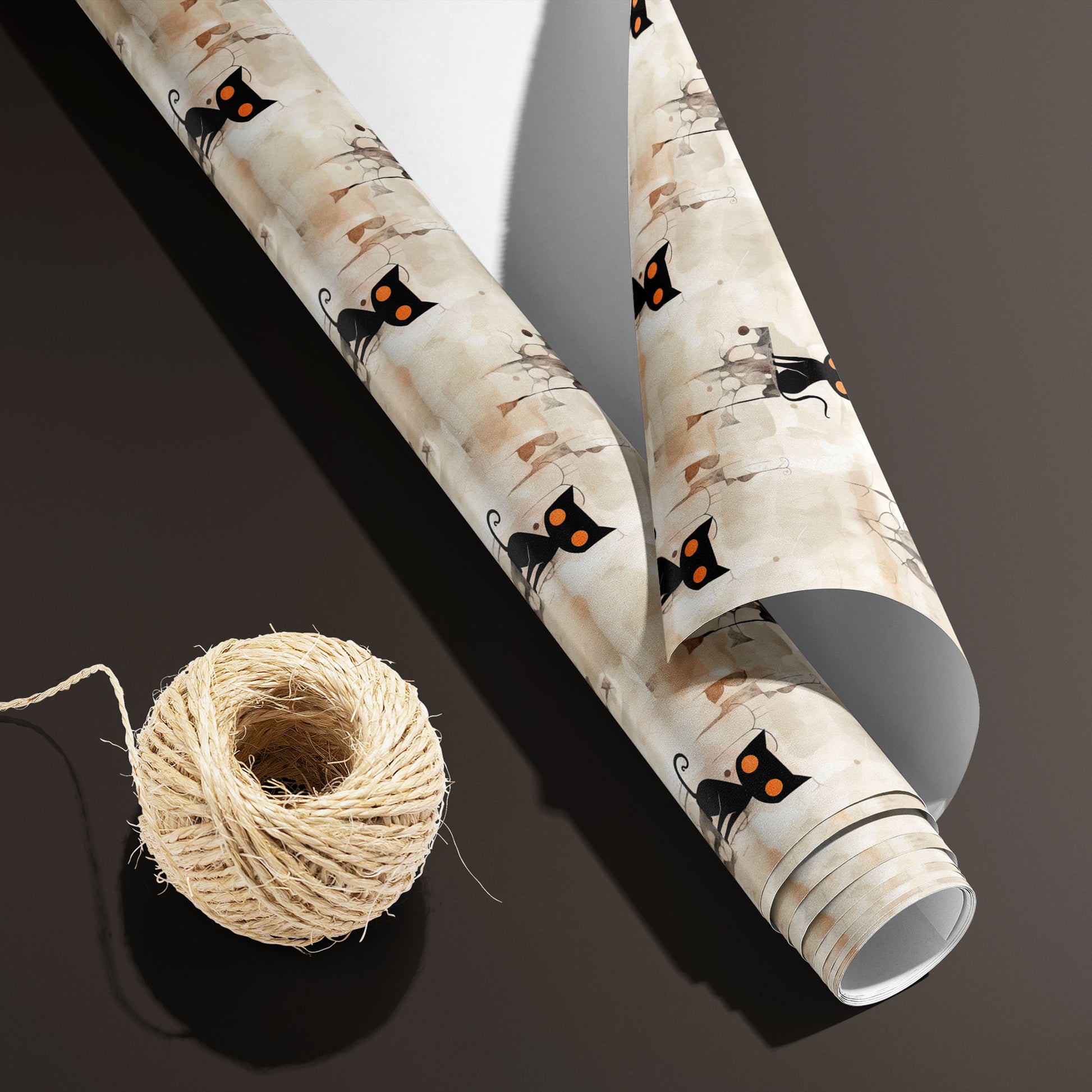 A partially unfurled Contemporary Black Cats roll with the white underside beside a spool of natural twine displays black cats with orange eyes on a neutral watercolor ground over a deep espresso background.