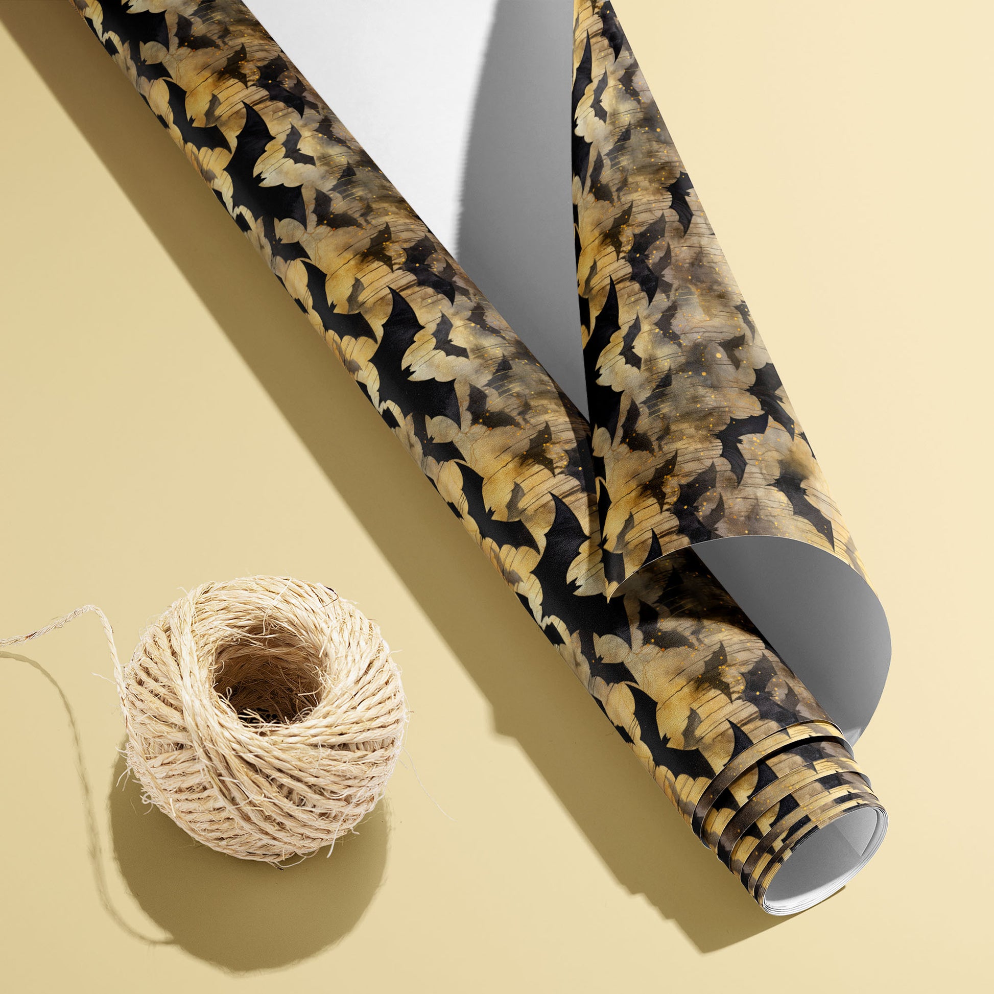 A partially unfurled roll of Spooky Black Bats wrapping paper with the white underside visible beside a spool of natural twine on a pale yellow background.