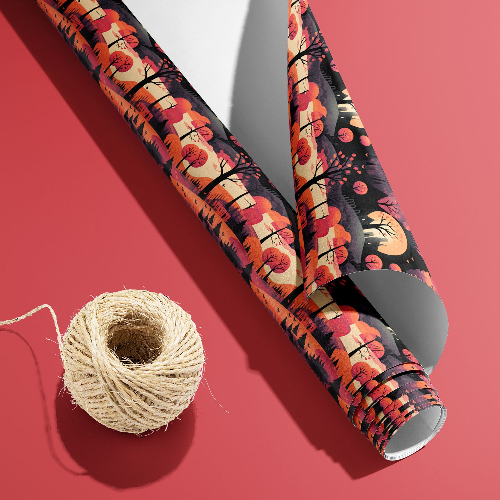 A partially unfurled roll of Halloween Landscape paper, moons and forest silhouettes visible, with the white underside next to a spool of natural twine on a coral-red background.