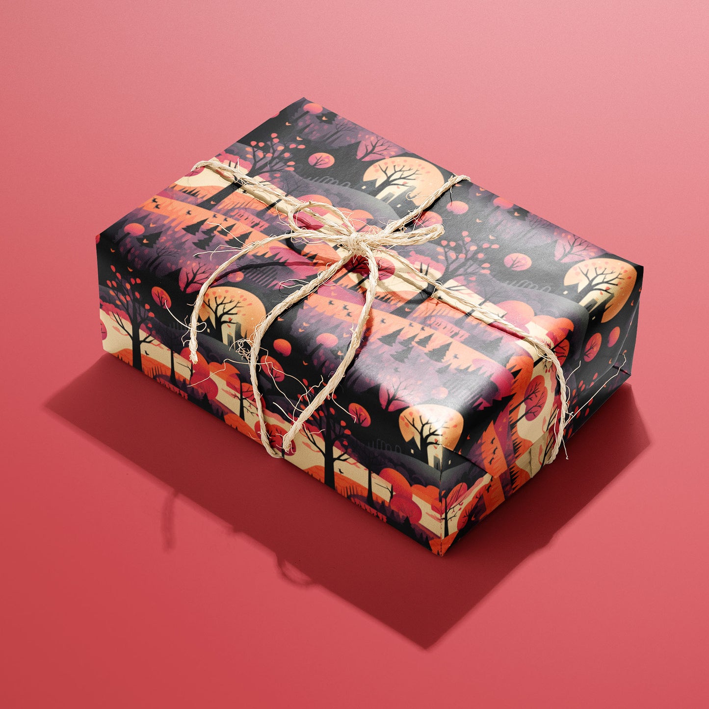 A single rectangular gift wrapped in Halloween Landscape paper, the moonlit forest pattern tied with natural twine, set on a coral-red background.