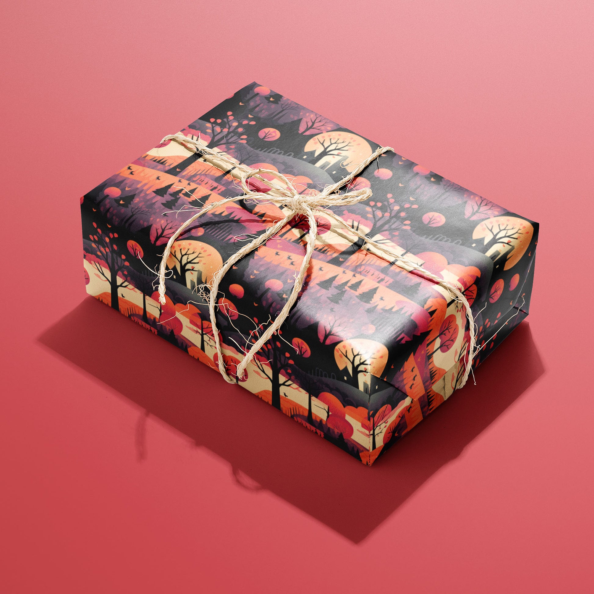 A single rectangular gift wrapped in Halloween Landscape paper, the moonlit forest pattern tied with natural twine, set on a coral-red background.