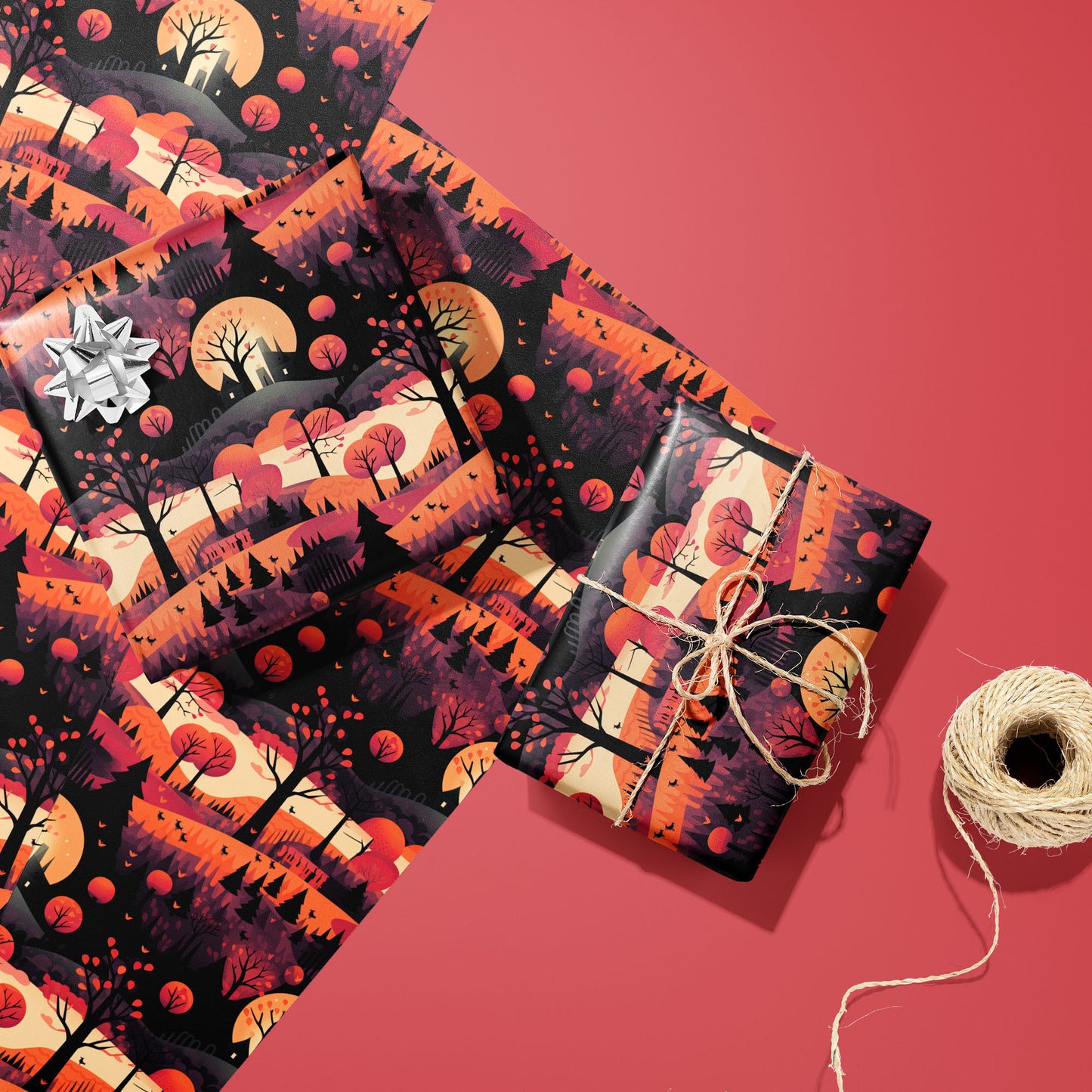 Two gifts wrapped in Halloween Landscape paper—one with a silver bow, one tied with natural twine—rest on two matching sheets beside a twine spool on a coral-red surface.