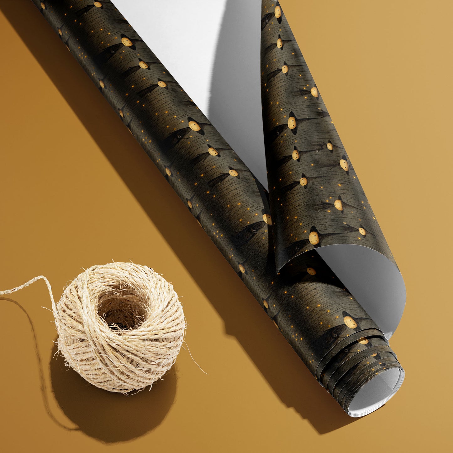 A partially unfurled Halloween Witches roll with white underside beside a spool of natural twine, showing witches and amber sparks on charcoal woodgrain on a warm mustard surface.