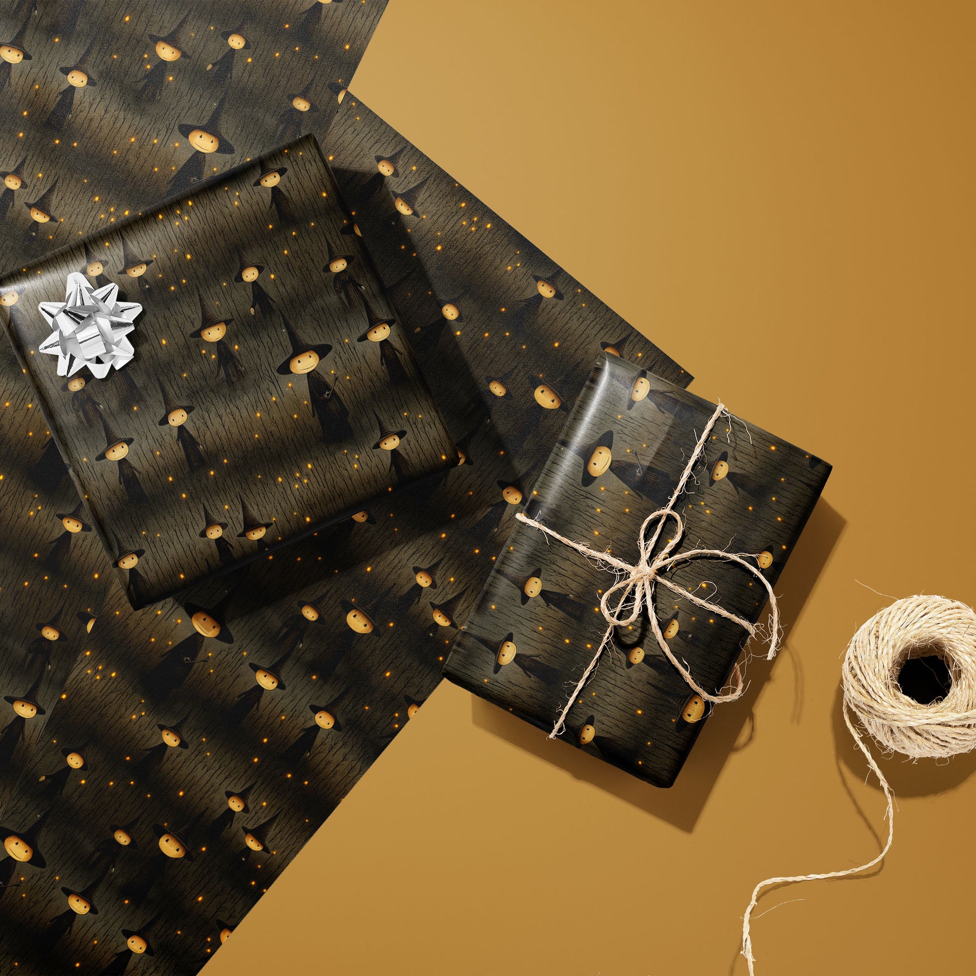 Two gifts in Halloween Witches wrap—one with a silver bow and one tied with twine—rest on two unused sheets beside a spool of twine on a warm mustard background.